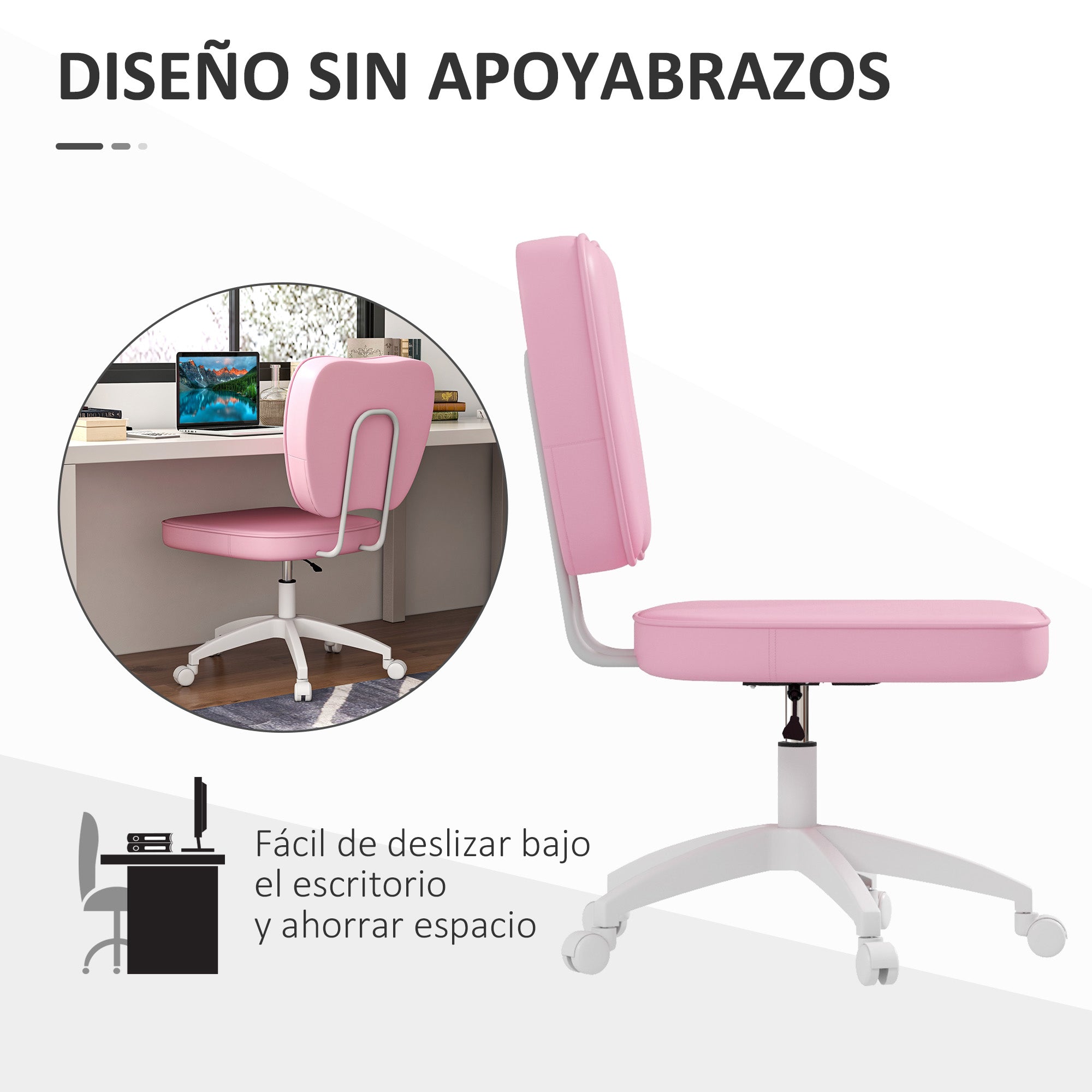 Upholstered PU Desk Chair Swivel Office Chair with Adjustable Height Armless 120kg Load for Study Bedroom 46x59x82-92cm Pink