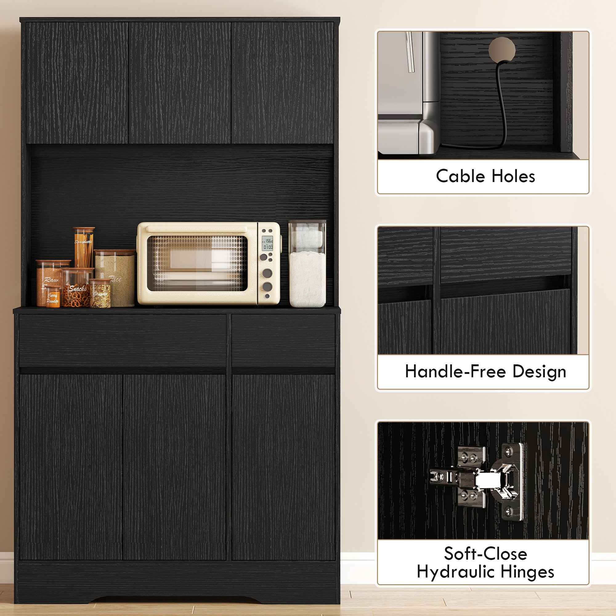 Kitchen Pantry Cabinet with Worktop, 6 Doors, Adjustable Shelves & Microwave Shelf, Cable Management — Black (39.4 x 15.0 x 70.9 in)