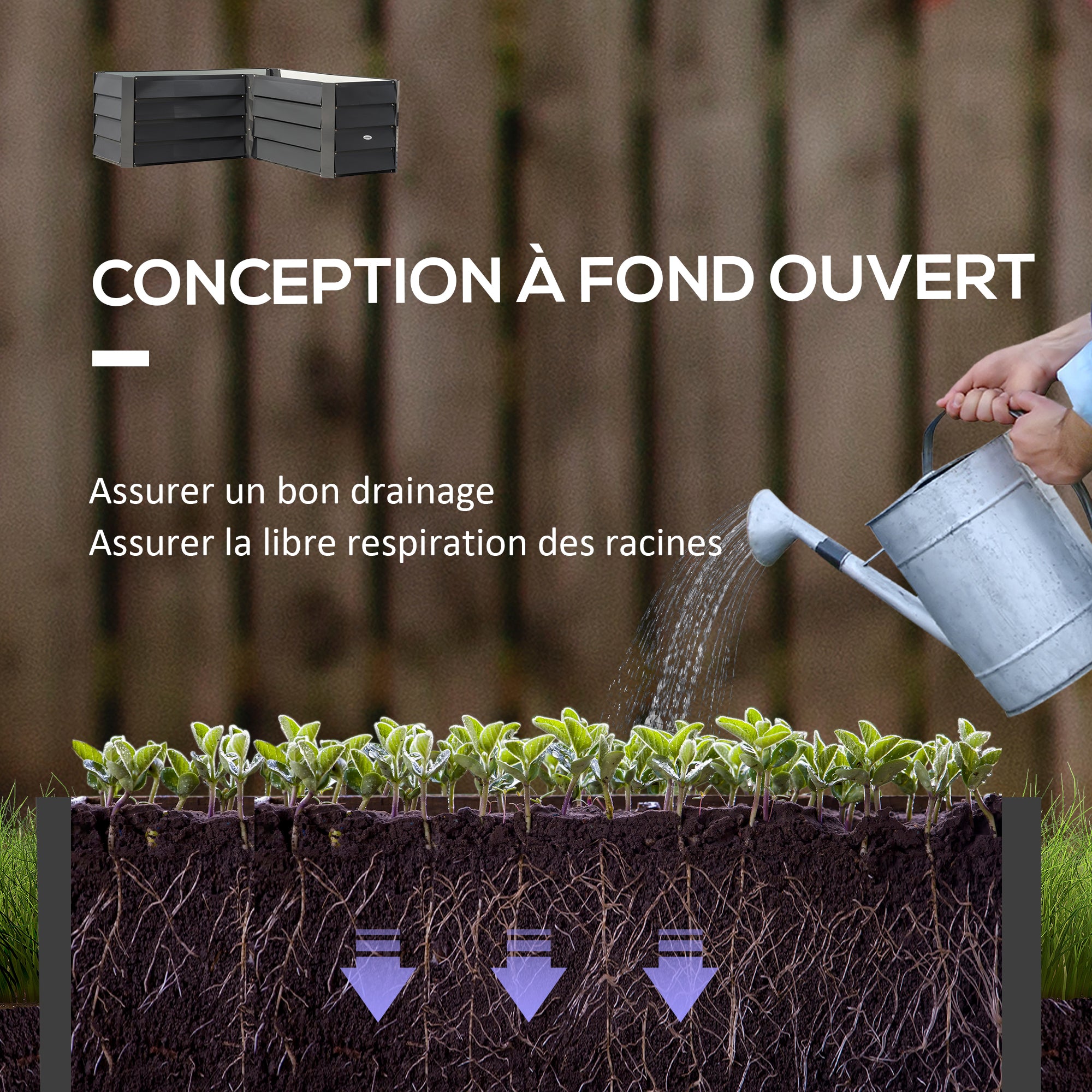 L-shaped corner garden planter without base - 115 x 115 x 44 cm dark gray galvanized steel