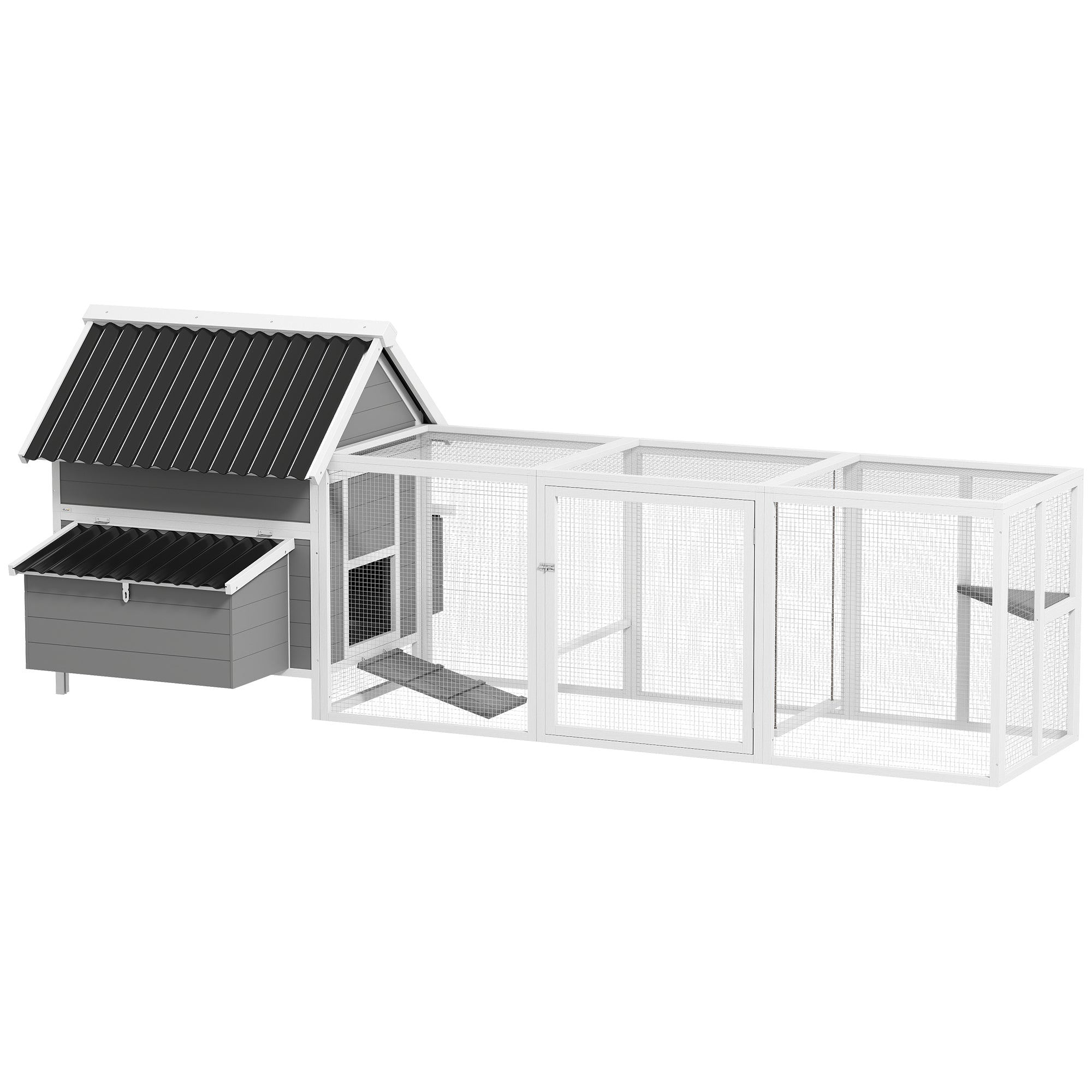 Wooden Chicken Coop with Run, 283 x 133.5 x 112 cm – For 7–10 Hens, 2 Nesting Boxes, Perches & Swing, Gray