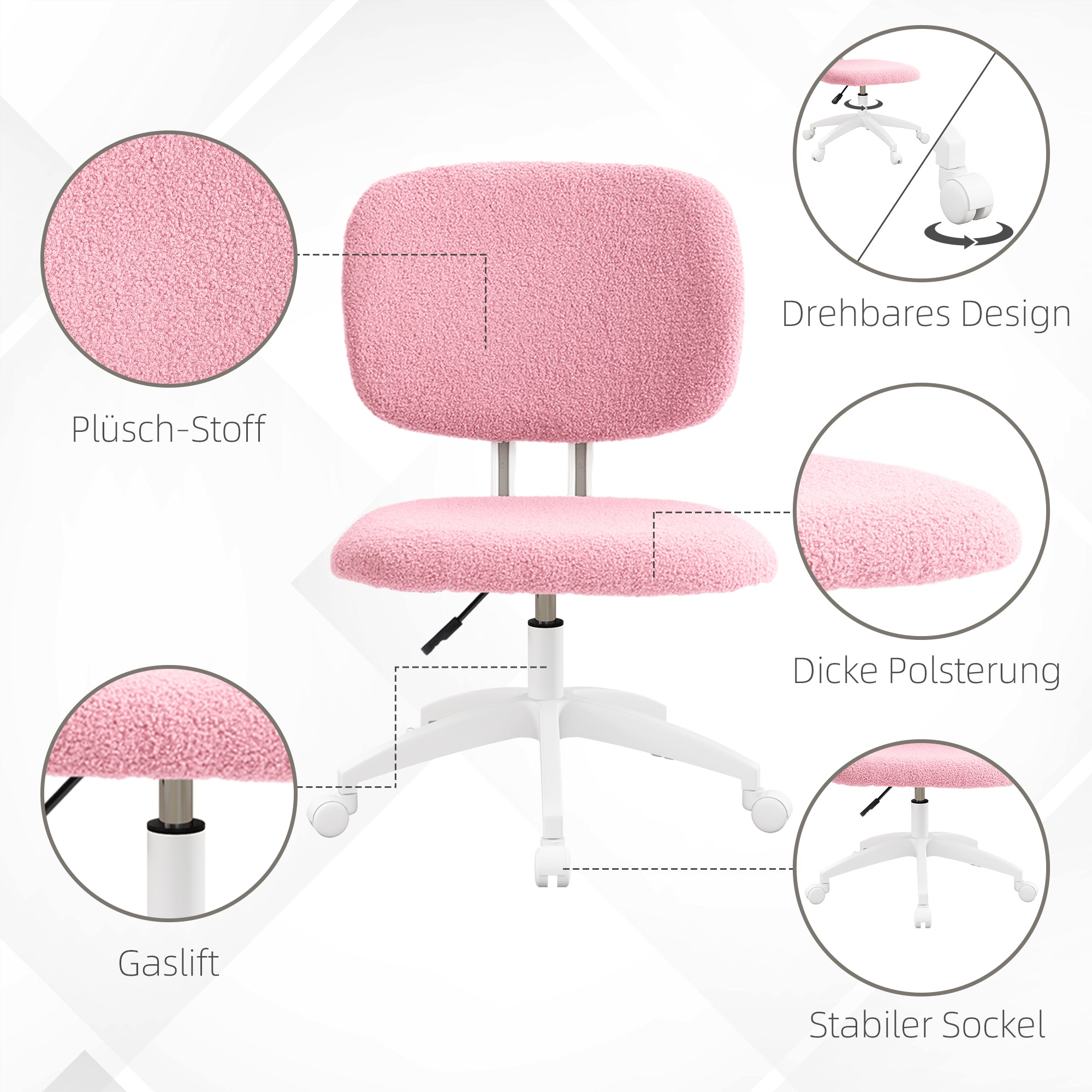 Office Chair, Ergonomic Desk Chair, Height Adjustable Computer Chair without Armrest, Swivel Chair for Study Room, Velvet, Pink