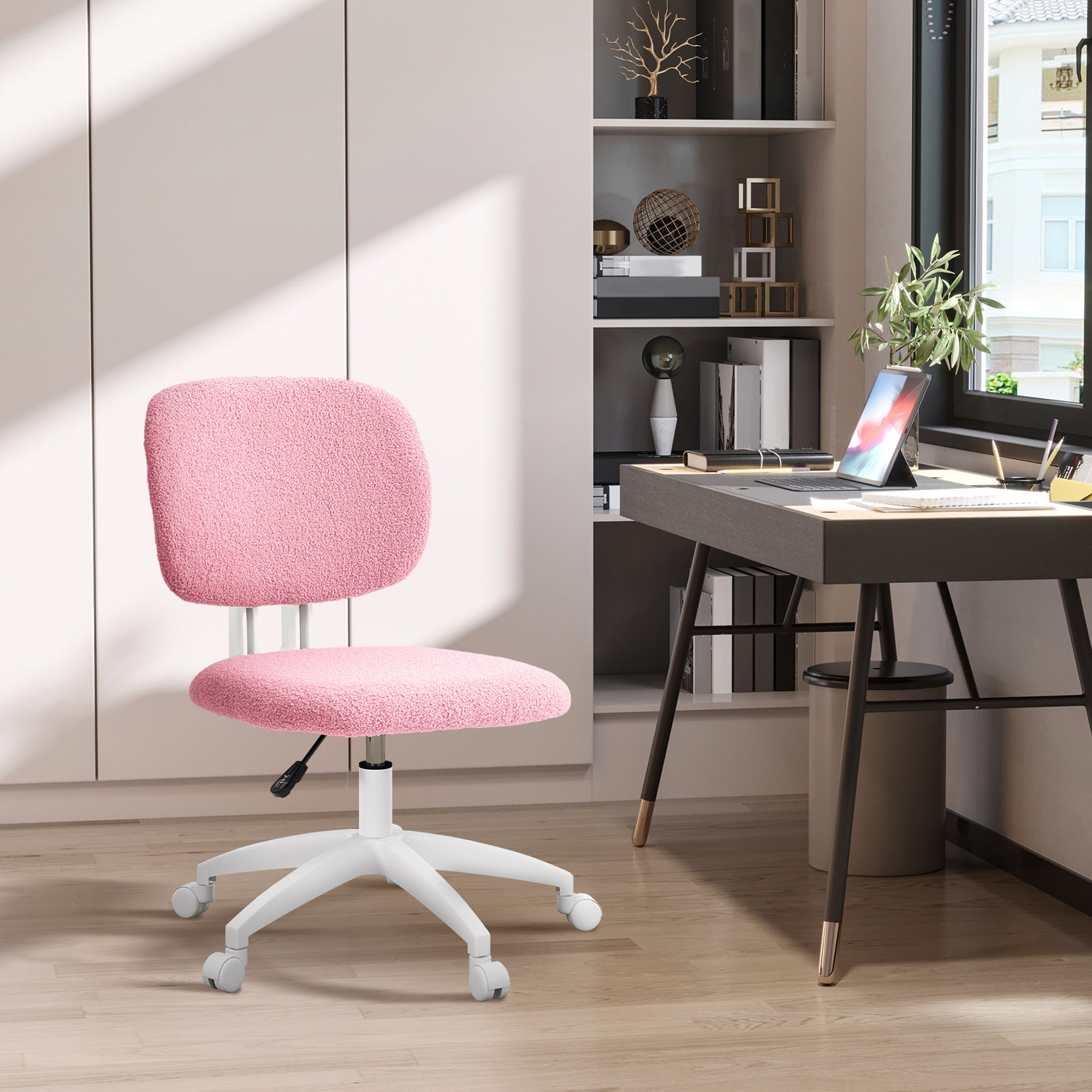 Office Chair, Ergonomic Desk Chair, Height Adjustable Computer Chair without Armrest, Swivel Chair for Study Room, Velvet, Pink