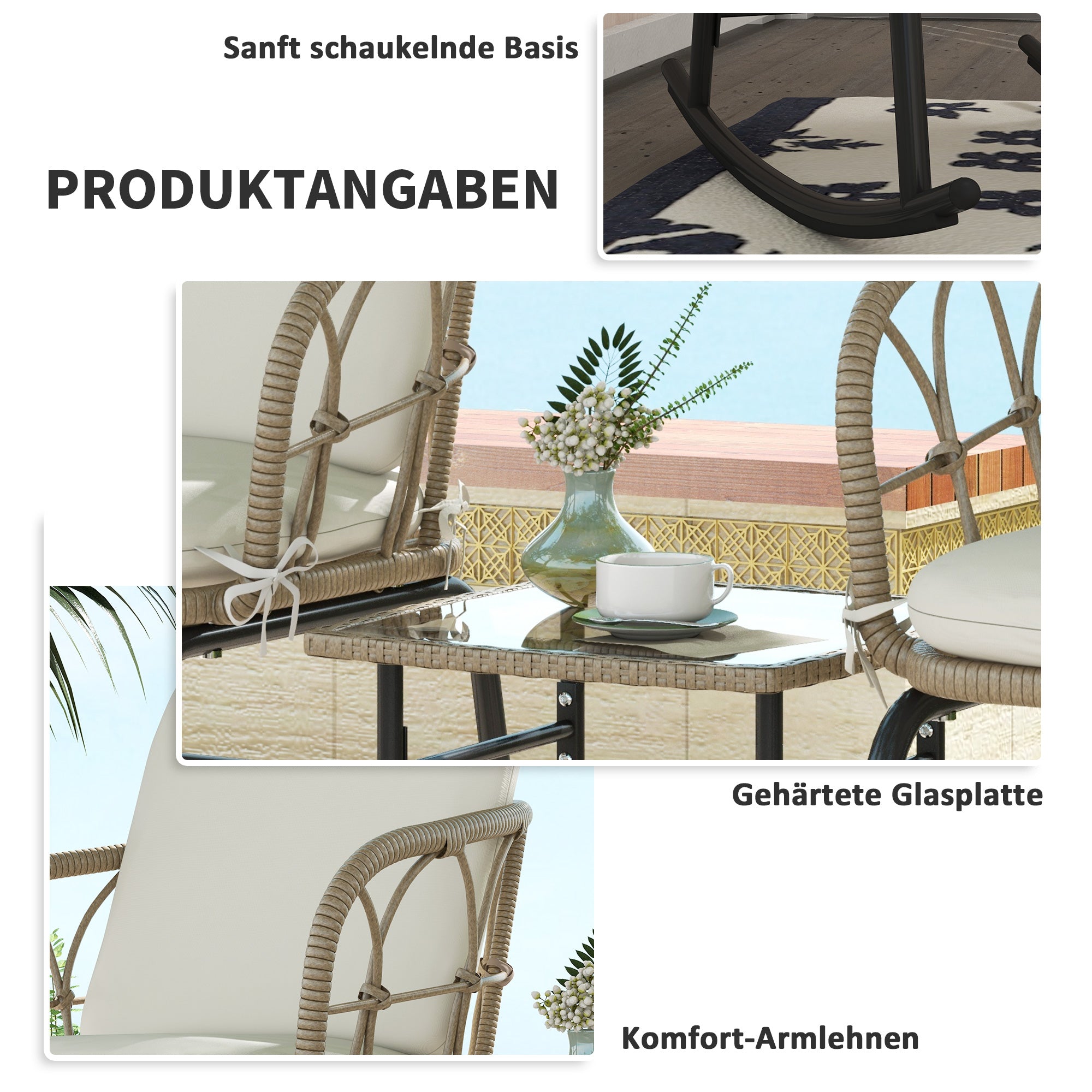 3-piece Rattan Swing Chair Set, Garden Furniture Set with 2 Swing Chairs, 1 Coffee Table, Garden Seating Group with Cushions, for Balcony, Patio, Cream