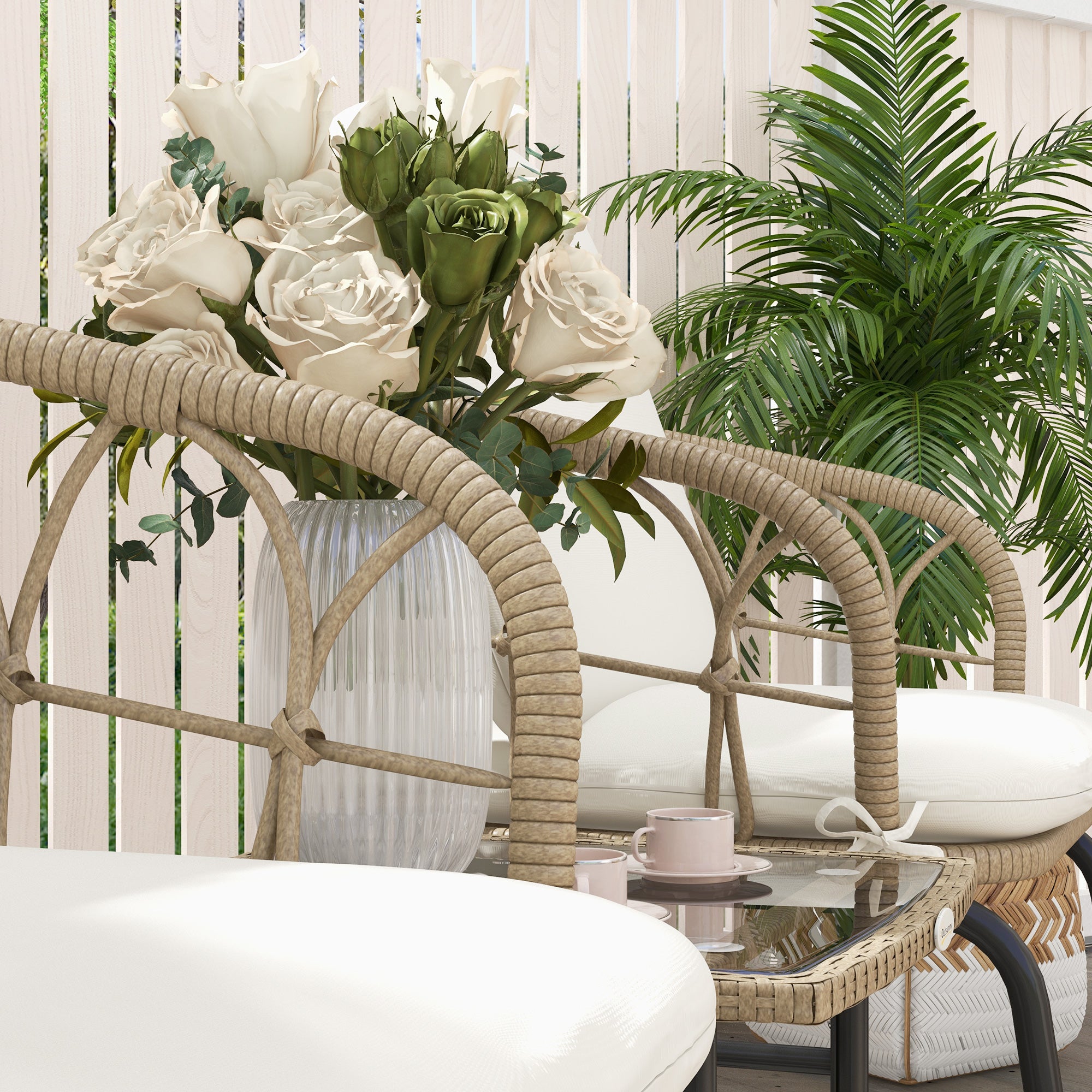 3-piece Rattan Swing Chair Set, Garden Furniture Set with 2 Swing Chairs, 1 Coffee Table, Garden Seating Group with Cushions, for Balcony, Patio, Cream