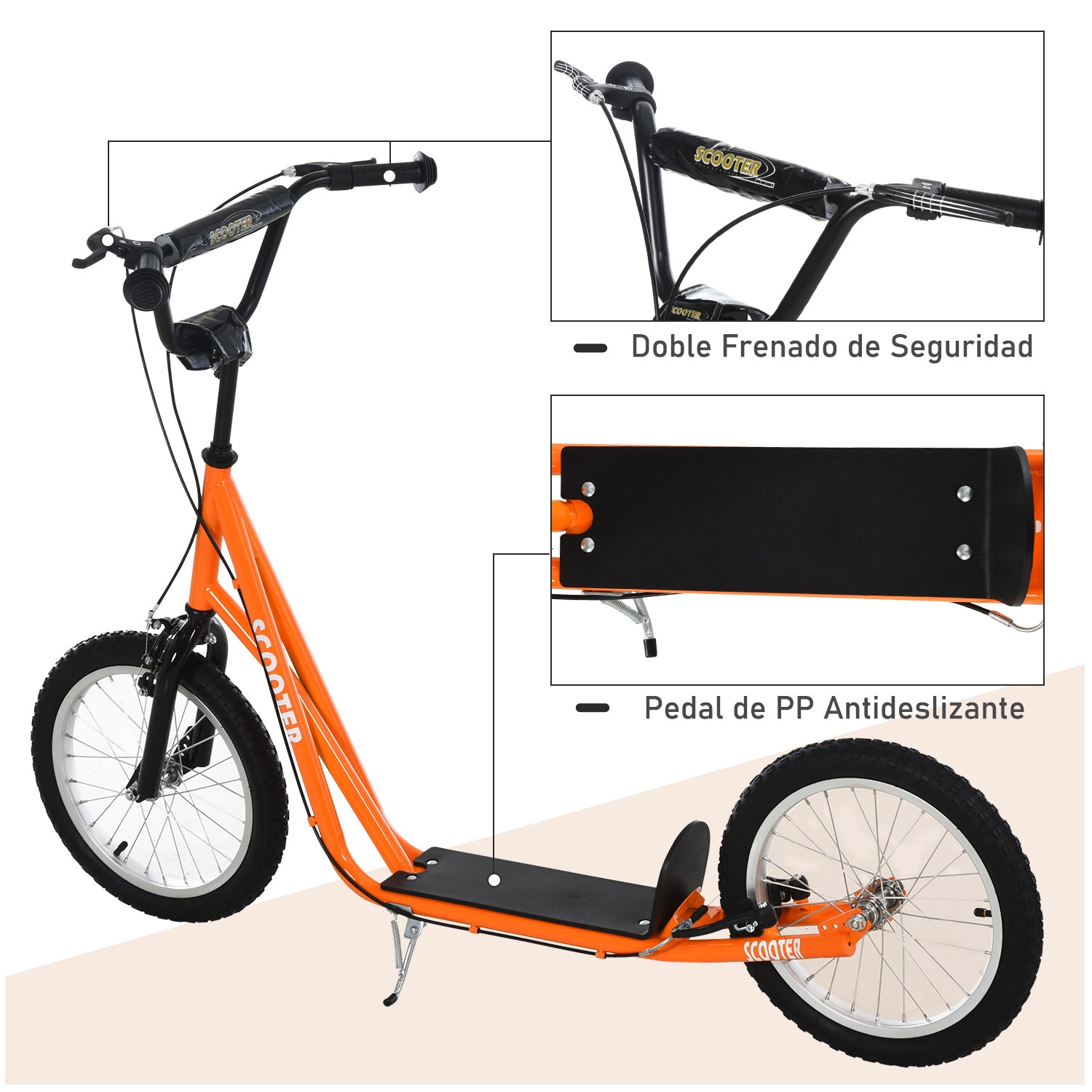 Kids Scooter for +5 Years and Adolescents with Adjustable Height Handlebar 2 Inflatable Rubber Tires with Dual Brake Wheels 16" Load 100 kg 139x58x90-96 cm Orange