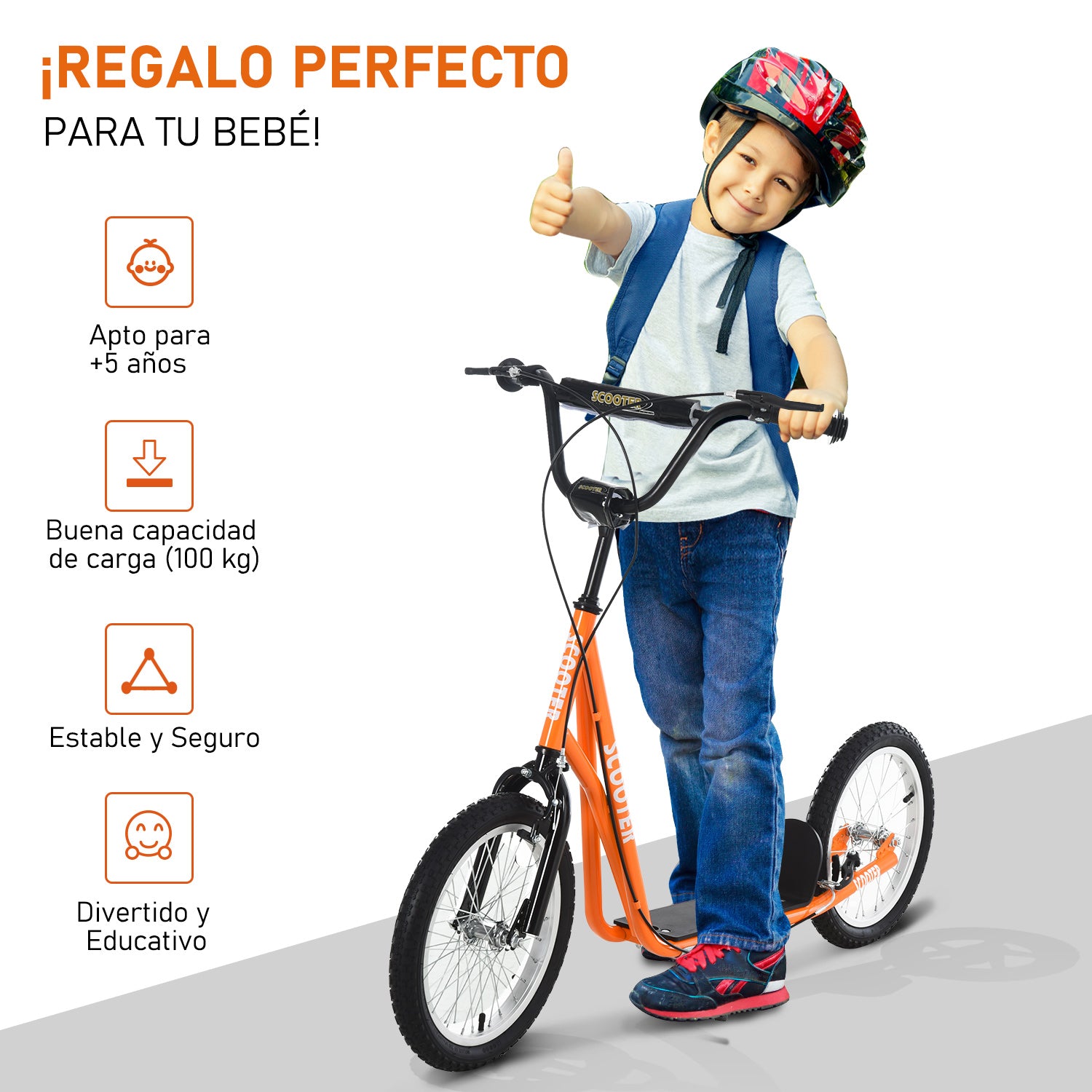 Kids Scooter for +5 Years and Adolescents with Adjustable Height Handlebar 2 Inflatable Rubber Tires with Dual Brake Wheels 16" Load 100 kg 139x58x90-96 cm Orange
