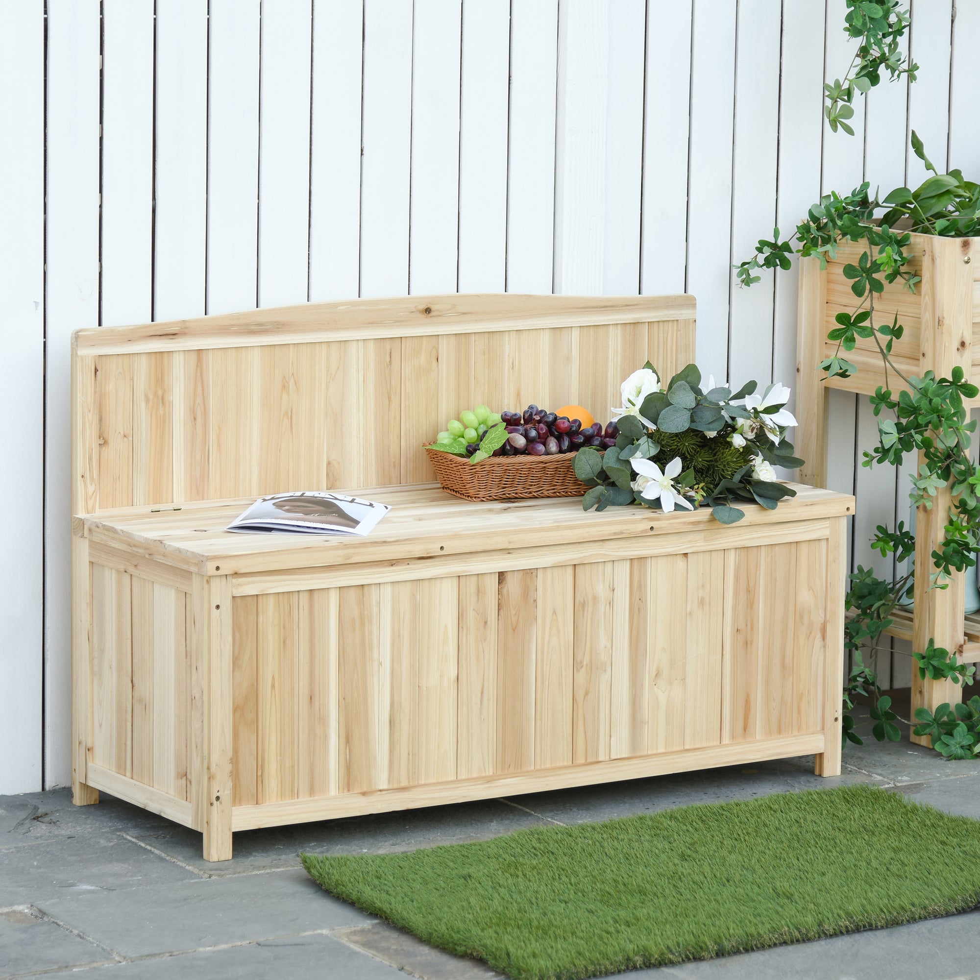 Natural Wood Garden Bench Outdoor Bench with Storage Box and Backrest Load 250 kg for Patio Terrace Balcony 115x45x75 cm