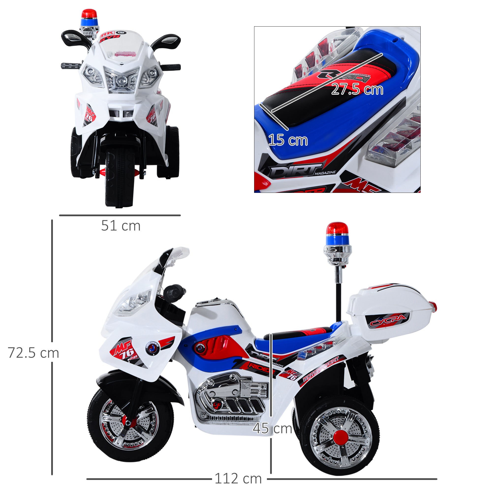 Electric Motorcycle for Kids 3-5 Years Old Electric Toy Motorcycle 3 Wheels with Music, Speed 3 km/h, Lights 112×51×72.5 cm