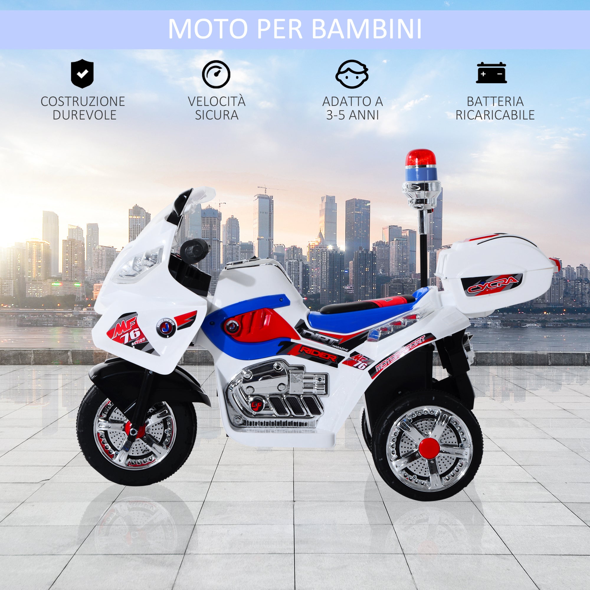 Electric Motorcycle for Kids 3-5 Years Old Electric Toy Motorcycle 3 Wheels with Music, Speed 3 km/h, Lights 112×51×72.5 cm
