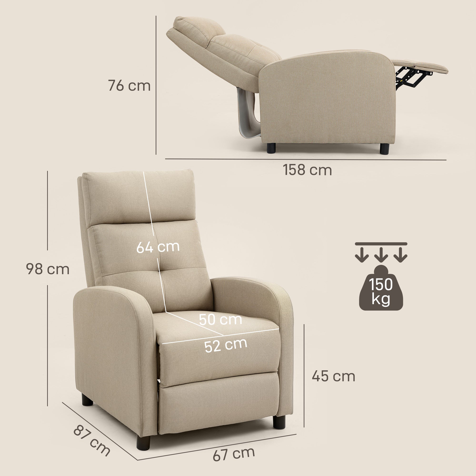 Recliner Armchair with Footrest, Linen-Look Upholstery, Pocket-Spring Seat, Reclines up to 155°, Supports up to 331 lb – Beige