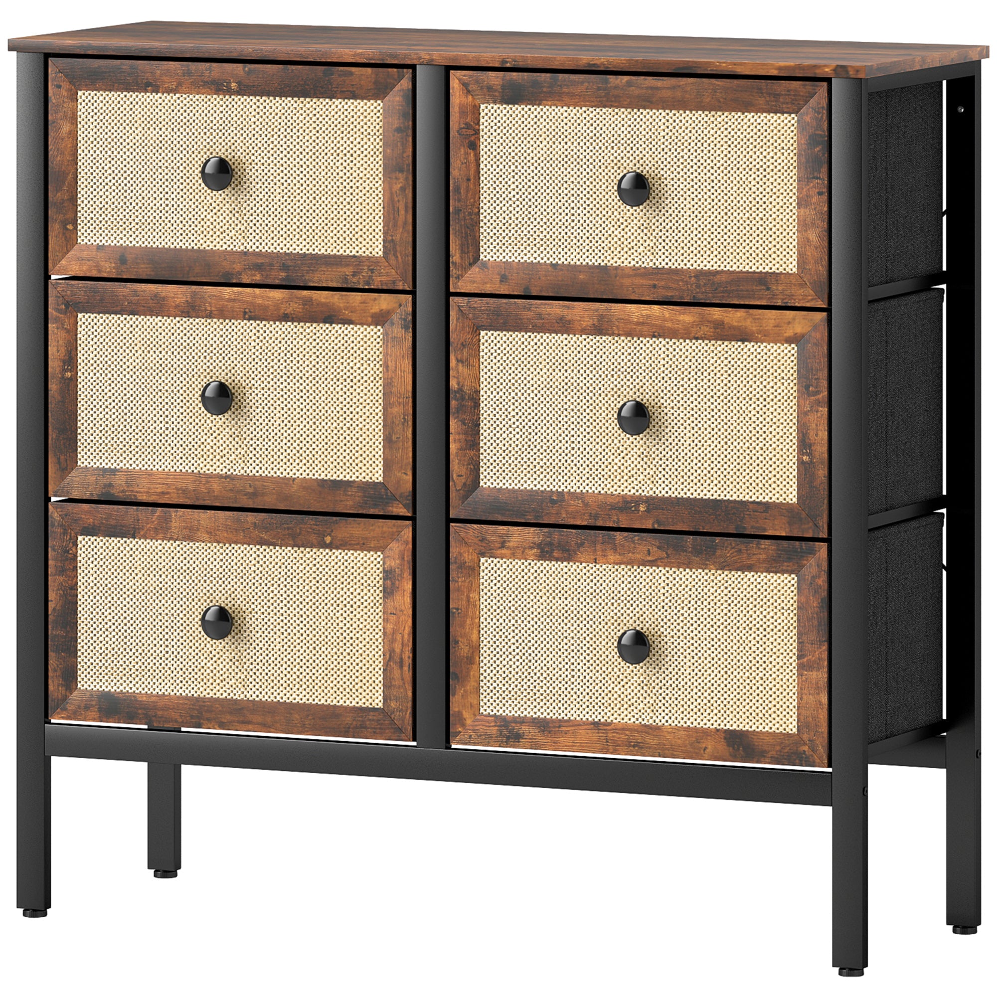 Fabric Dresser with 6 Foldable Fabric Drawers with Synthetic Rattan Fronts and Steel Frame Dresser for Bedroom Living Room Rustic Brown