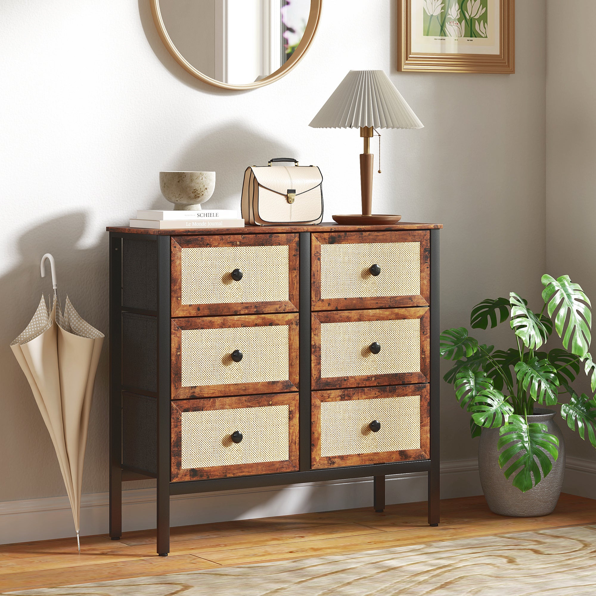 Fabric Dresser with 6 Foldable Fabric Drawers with Synthetic Rattan Fronts and Steel Frame Dresser for Bedroom Living Room Rustic Brown