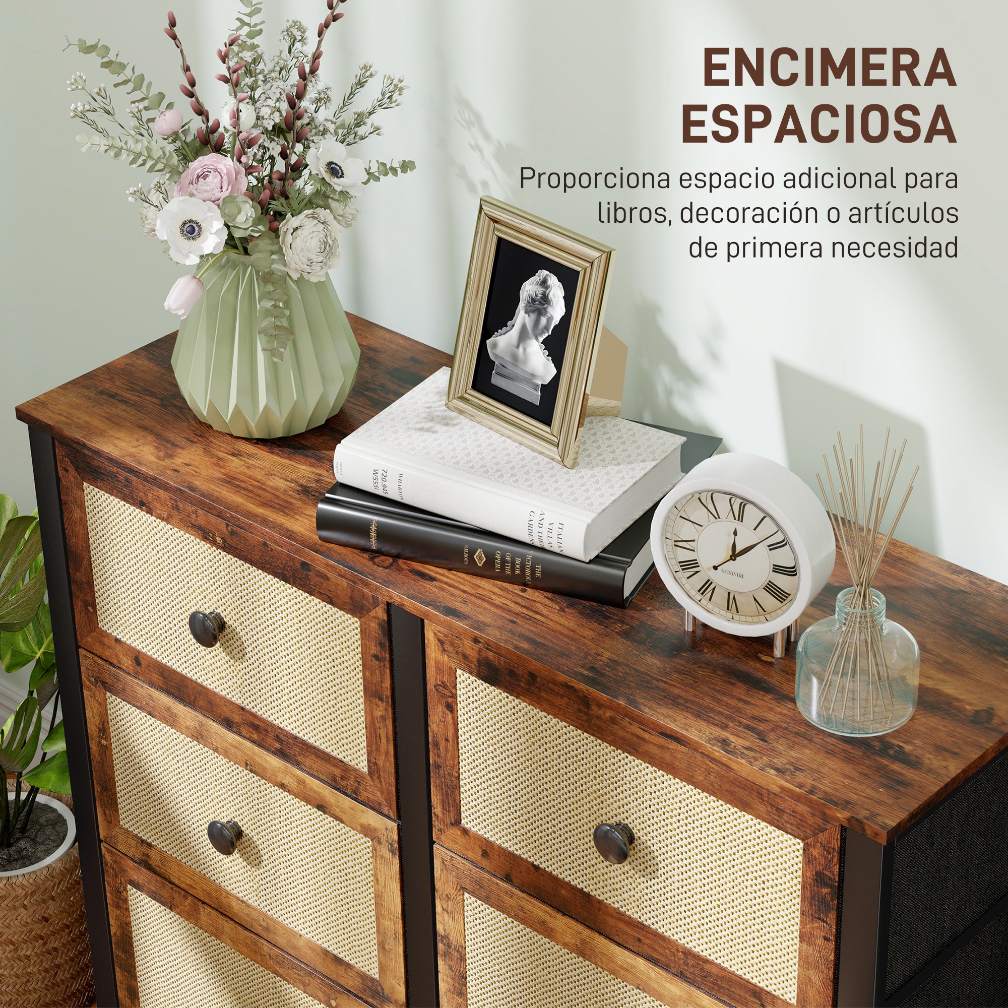 Fabric Dresser with 6 Foldable Fabric Drawers with Synthetic Rattan Fronts and Steel Frame Dresser for Bedroom Living Room Rustic Brown