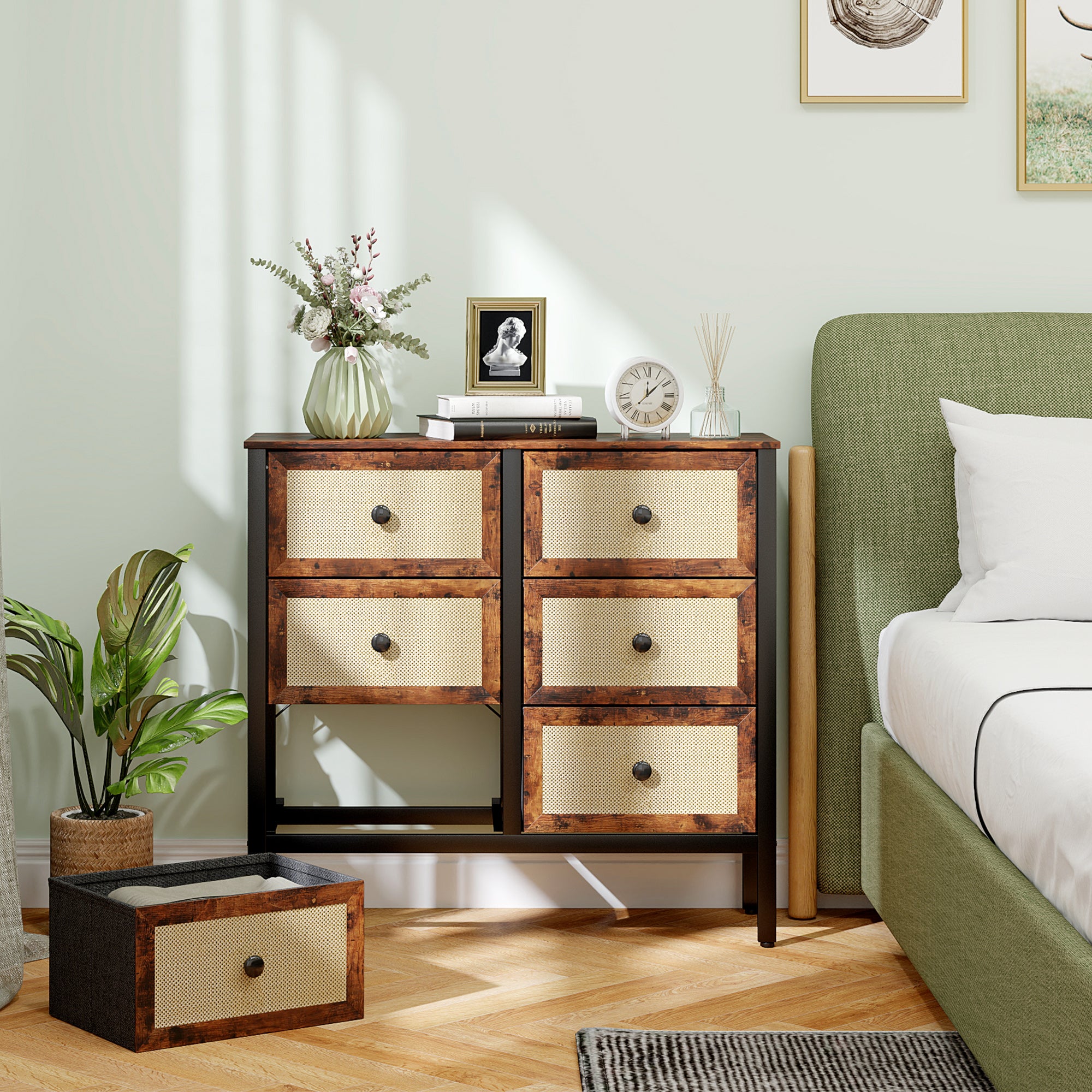Fabric Dresser with 6 Foldable Fabric Drawers with Synthetic Rattan Fronts and Steel Frame Dresser for Bedroom Living Room Rustic Brown