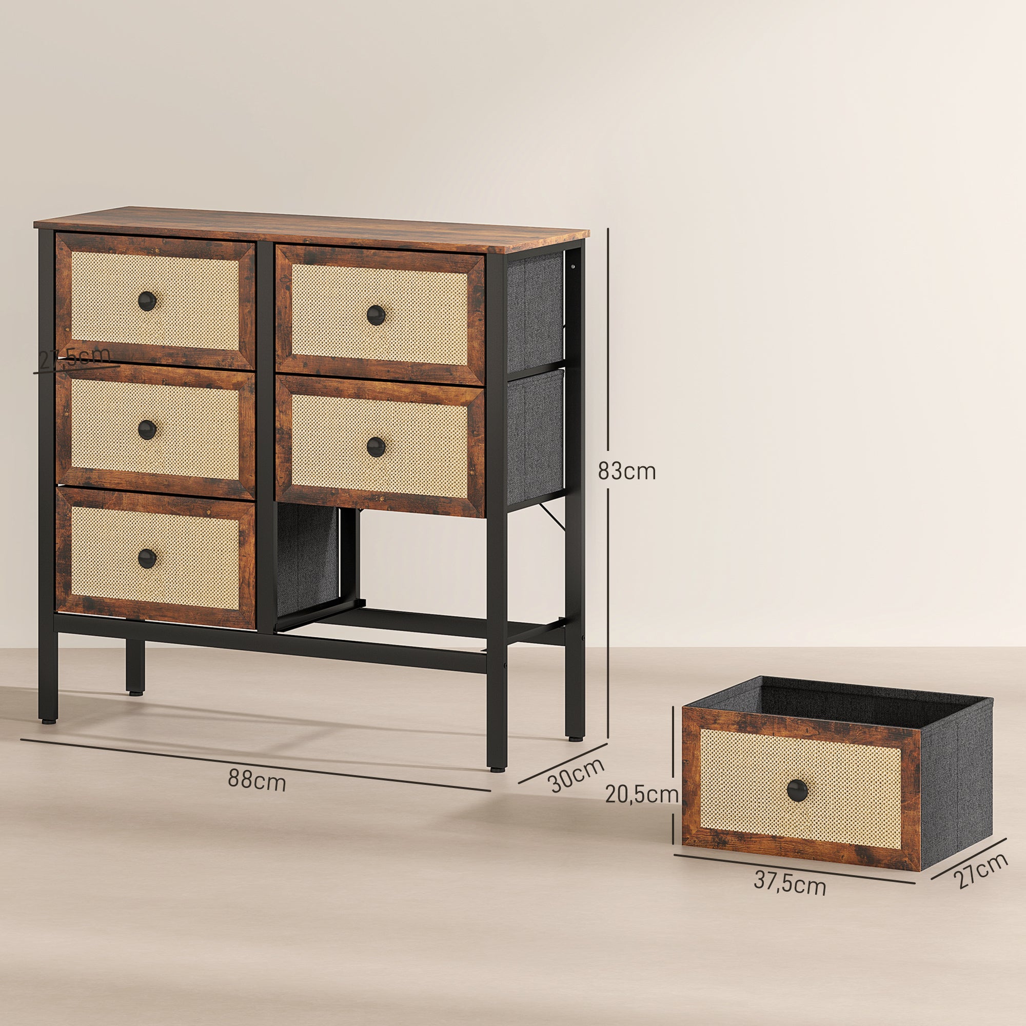 Fabric Dresser with 6 Foldable Fabric Drawers with Synthetic Rattan Fronts and Steel Frame Dresser for Bedroom Living Room Rustic Brown