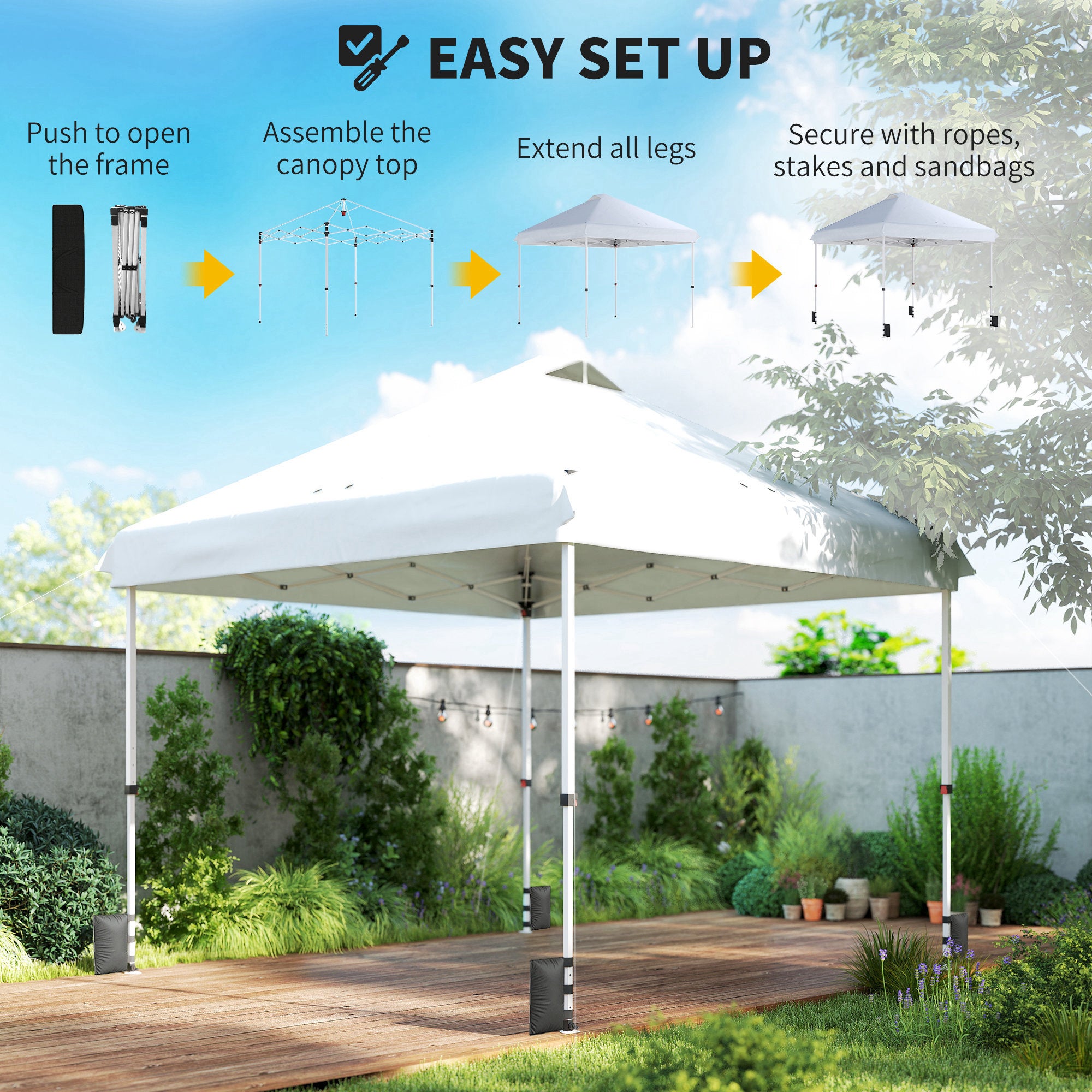 10' x 10' Waterproof Pop-Up Canopy — UV50+ Height-Adjustable Garden Gazebo with Carry Bag & Sandbags, White