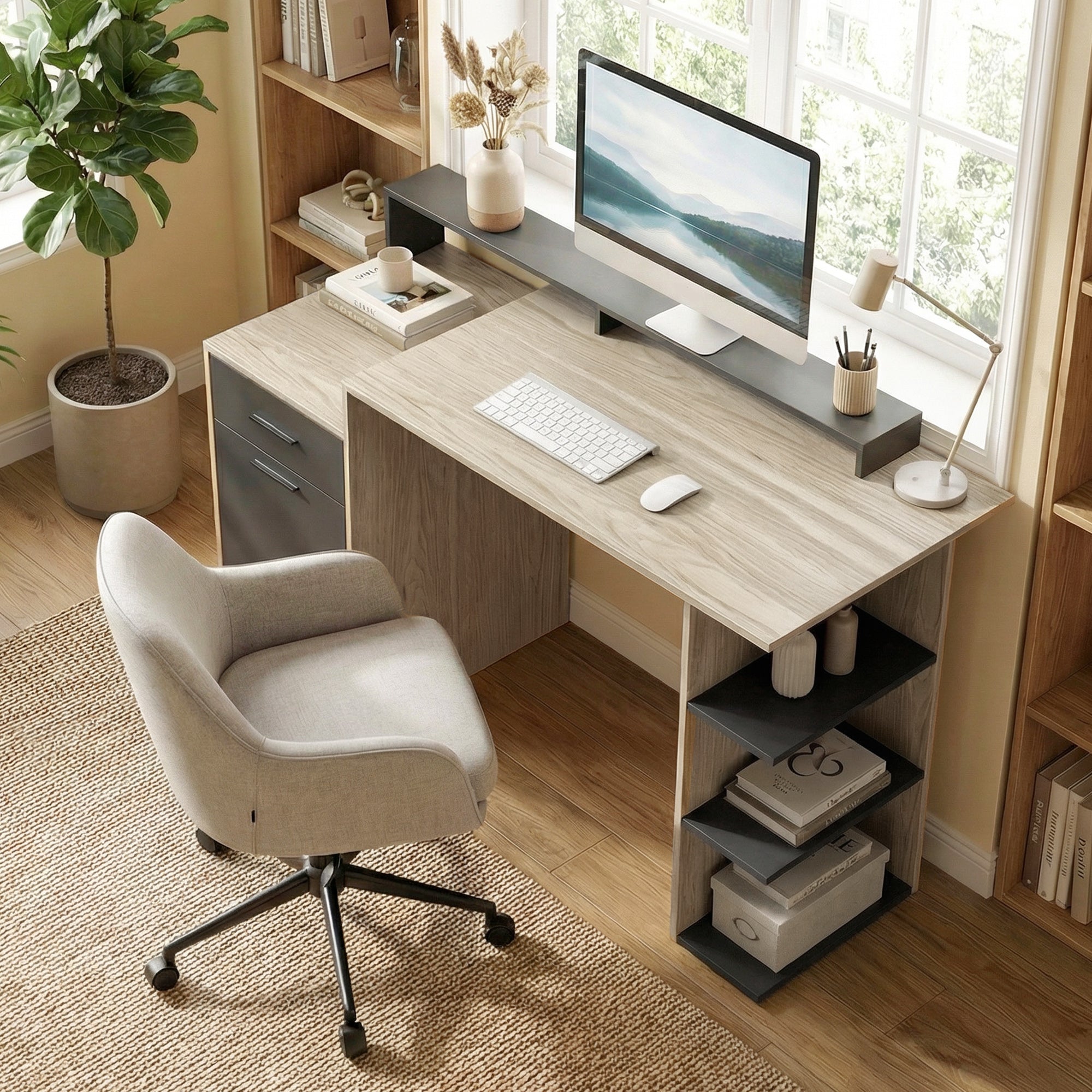 140x60 cm Computer Desk with Drawers, Headphone Hook, Cabinet & Shelves — Oak/Black