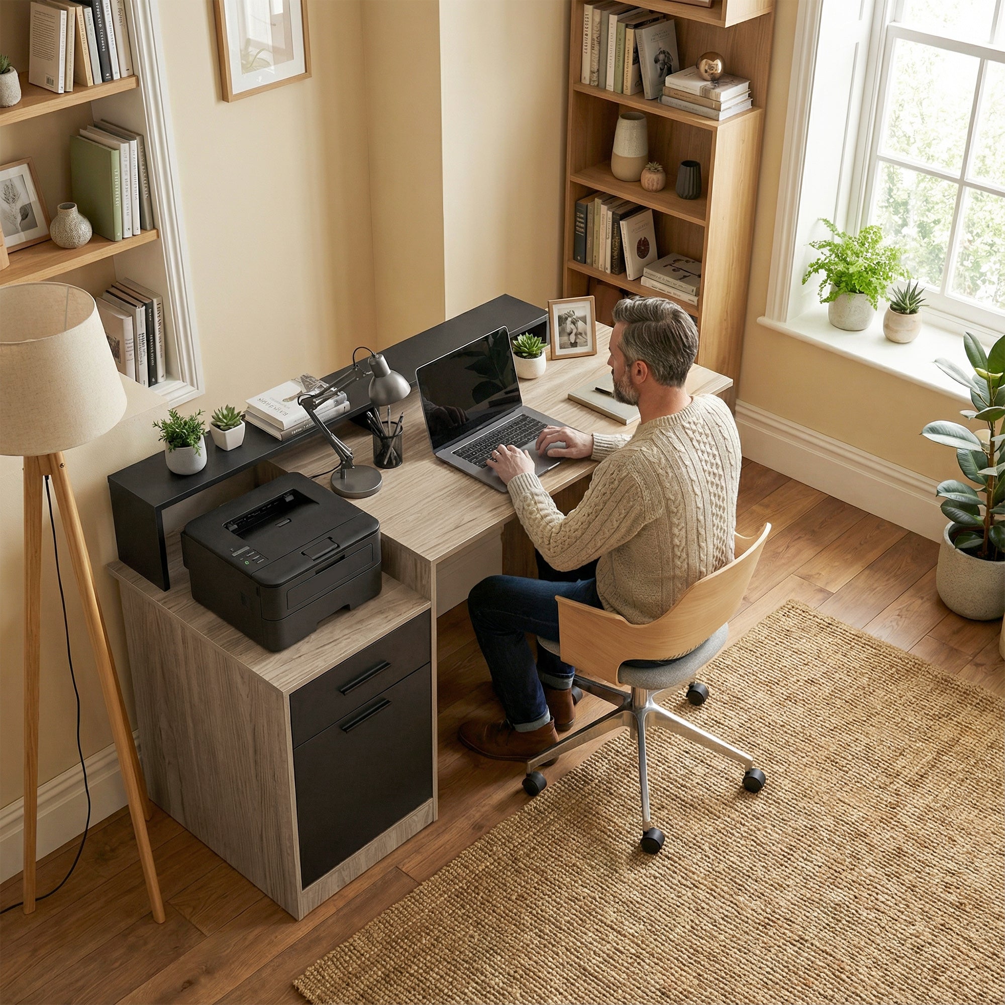 140x60 cm Computer Desk with Drawers, Headphone Hook, Cabinet & Shelves — Oak/Black
