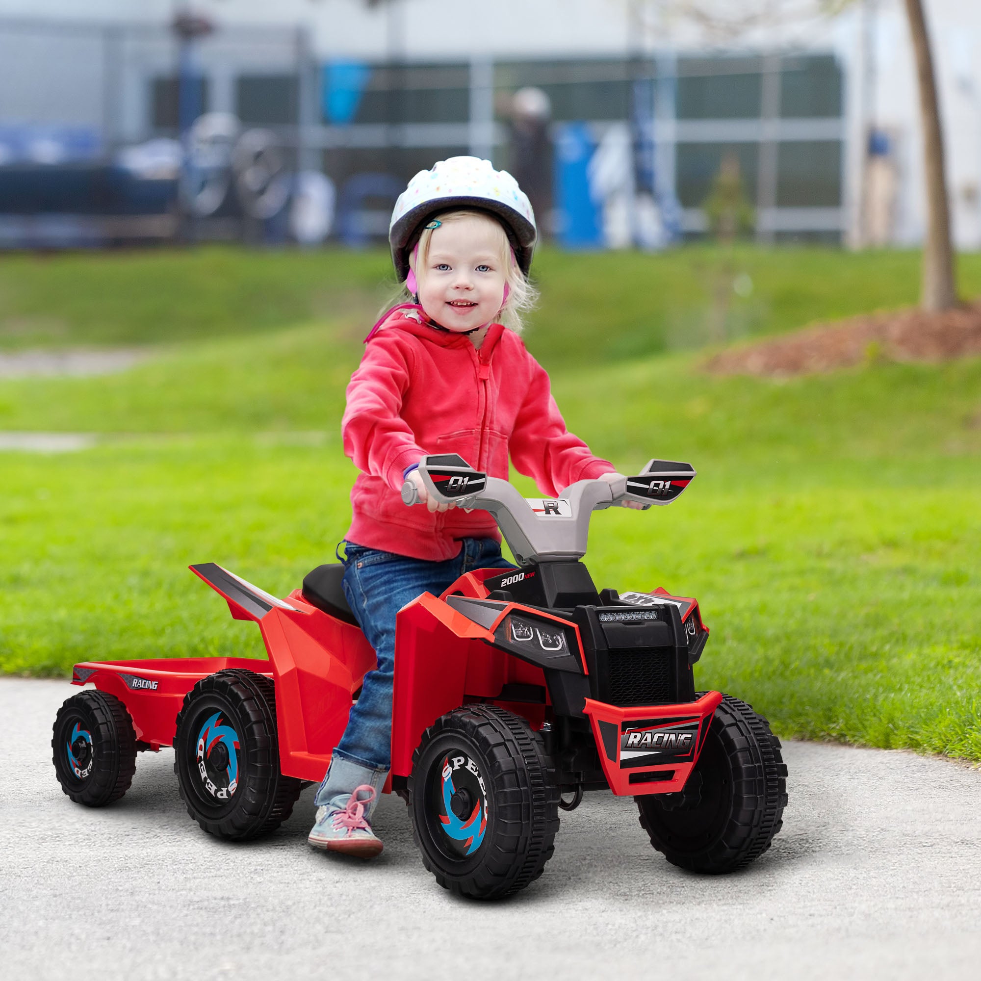 Kids Electric Quad 6V Kid's Quad, Kids Vehicle, Electric Car with Trailer for Kids 1.5-3 years, 2.5 km/h, Metal, 106 x 41.5 x 48.5 cm, Red