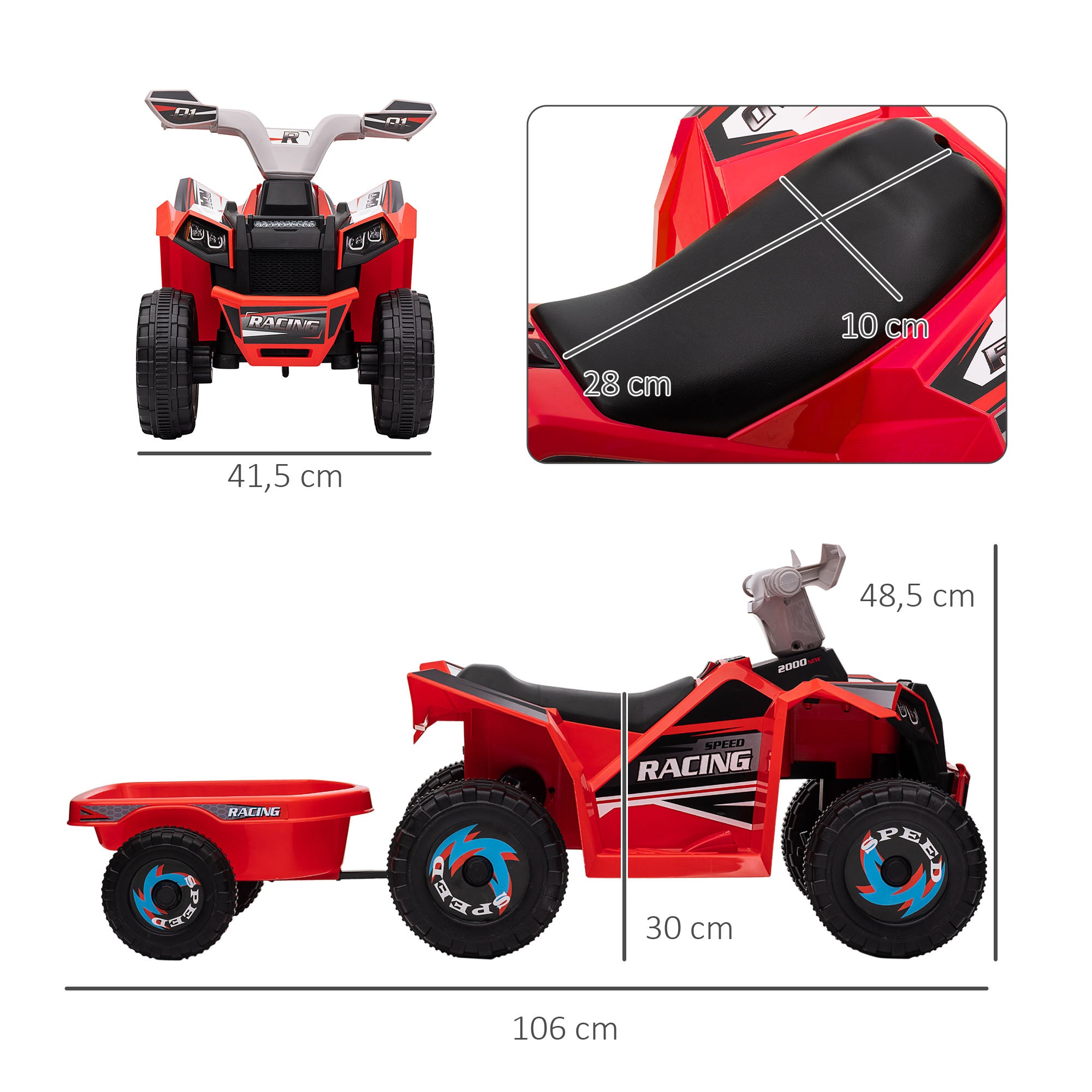 Kids Electric Quad 6V Kid's Quad, Kids Vehicle, Electric Car with Trailer for Kids 1.5-3 years, 2.5 km/h, Metal, 106 x 41.5 x 48.5 cm, Red