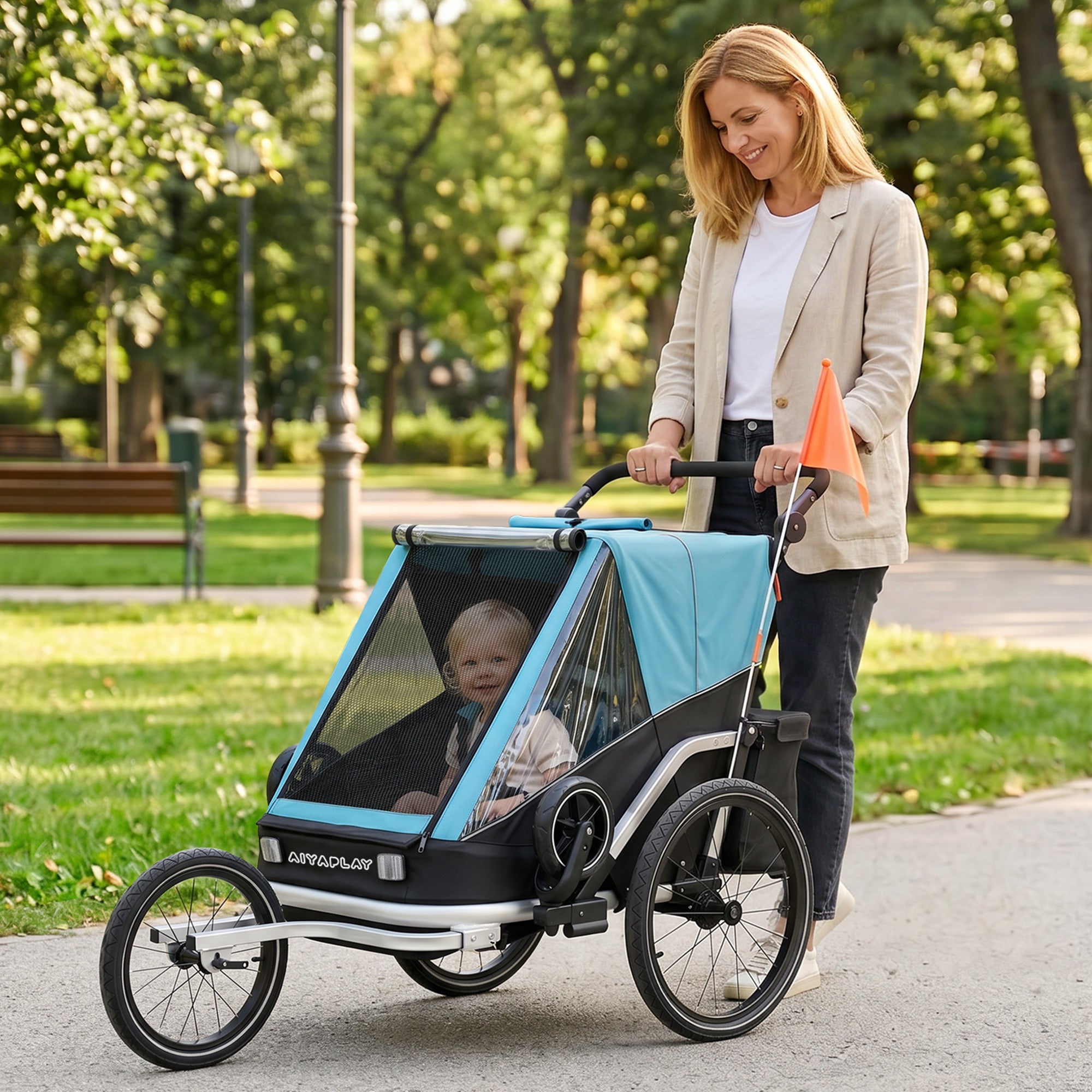 2-in-1 Foldable 2-Seat Bike Trailer & Stroller — 5-Point Harness, Safety Flag, for Children from 12 Months (Max 18 kg / 40 lb)