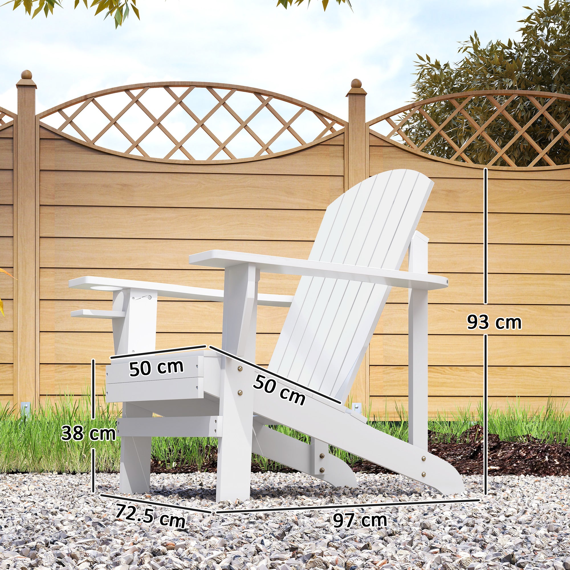 White Wood Adirondack Garden Chair, With Cup Holder, Waterproof and Anti-Mold, 97x72.5x93cm
