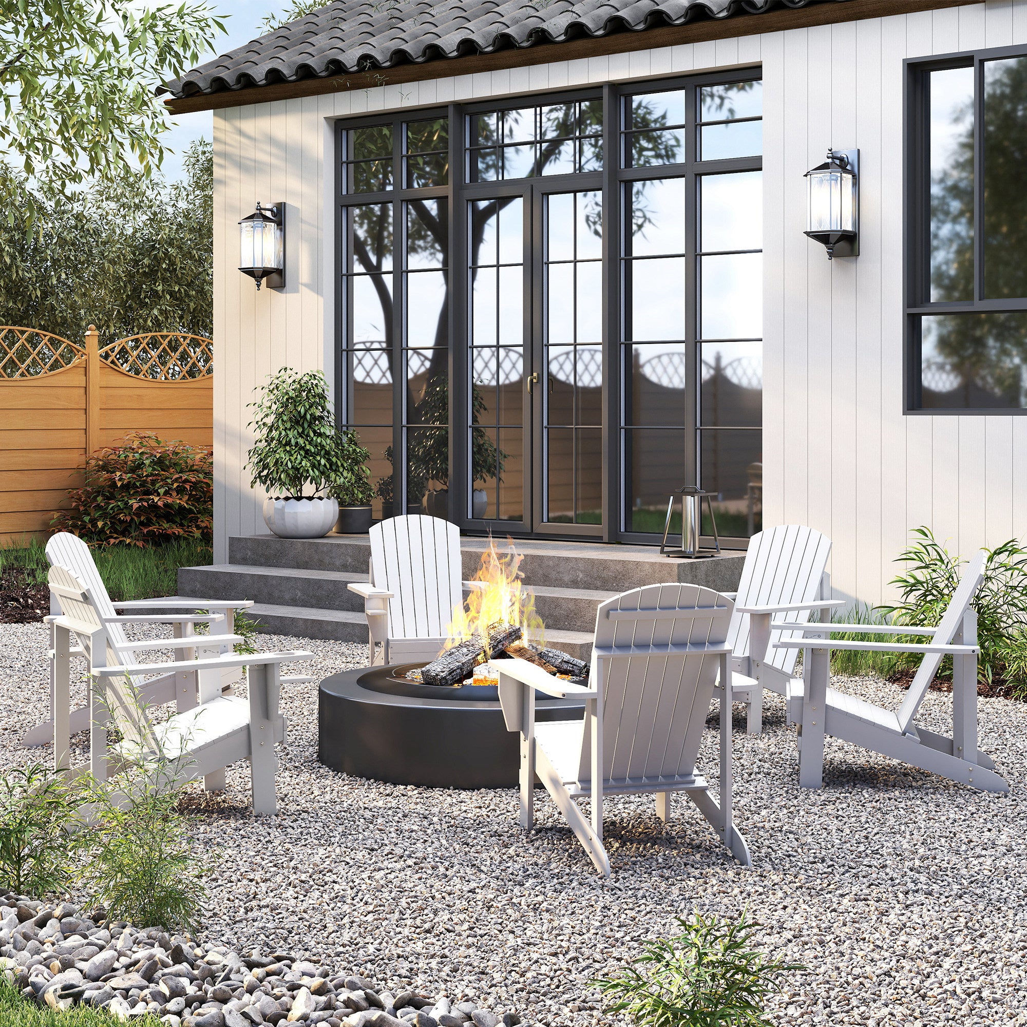 White Wood Adirondack Garden Chair, With Cup Holder, Waterproof and Anti-Mold, 97x72.5x93cm