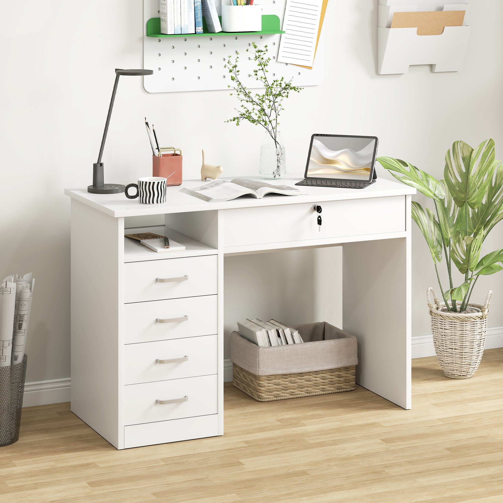 Office and Bedroom Desk, PC and Computer Desk, Wooden with 5 Drawers, Work Surface, 2 Keys, Modern, 110x50x76cm, White