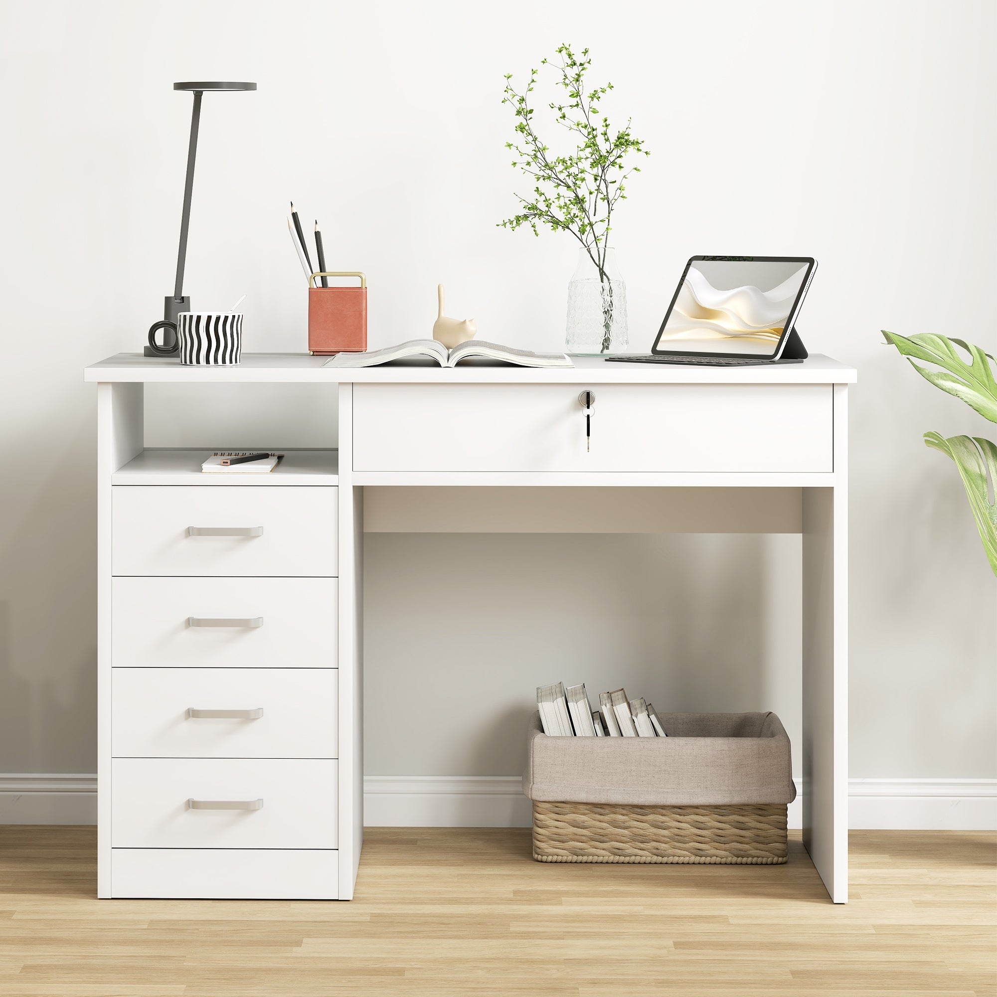 Office and Bedroom Desk, PC and Computer Desk, Wooden with 5 Drawers, Work Surface, 2 Keys, Modern, 110x50x76cm, White