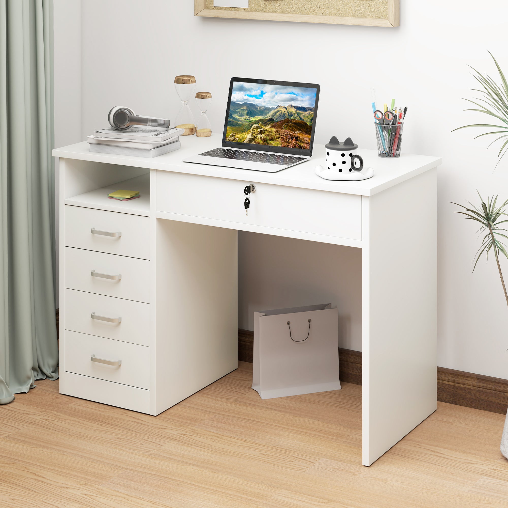 Office and Bedroom Desk, PC and Computer Desk, Wooden with 5 Drawers, Work Surface, 2 Keys, Modern, 110x50x76cm, White