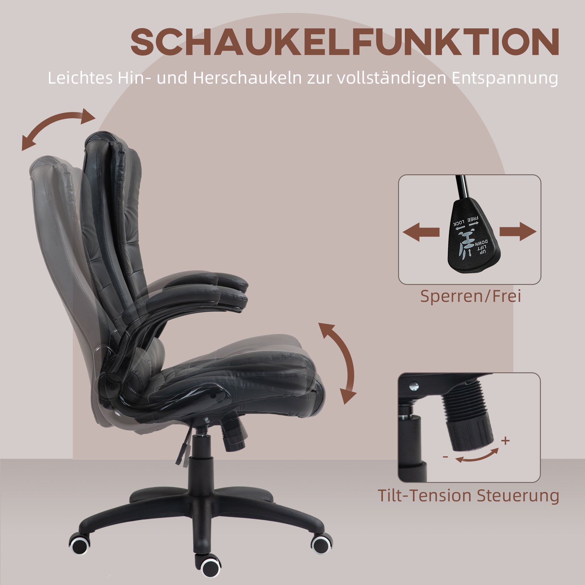 Office Chair, Ergonomic Desk Chair with Foldable Armrest, Height-Adjustable Swivel Chair with Rocking Function, Faux Leather, Padded Computer Chair, Executive Chair, Black