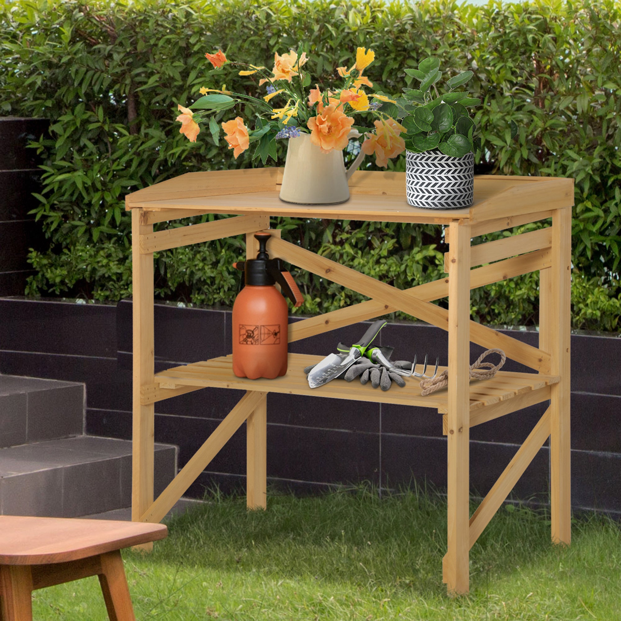 Plant Table with Shelf Flower Table Gardening Table Garden Wood Light Brown 80 x 40 x 84 cm