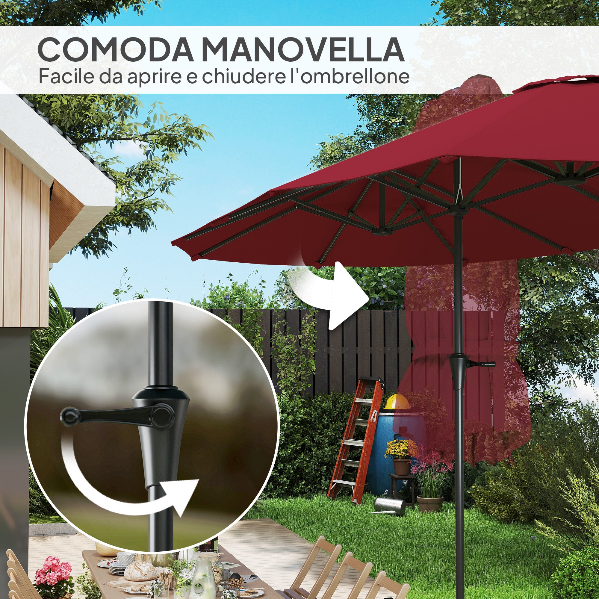 Double Garden Umbrella 4x2.2 m with 12 Ribs with Air Vents and Crank, Metal and Polyester Outdoor Umbrella, Anti UV 30+, Wine Red