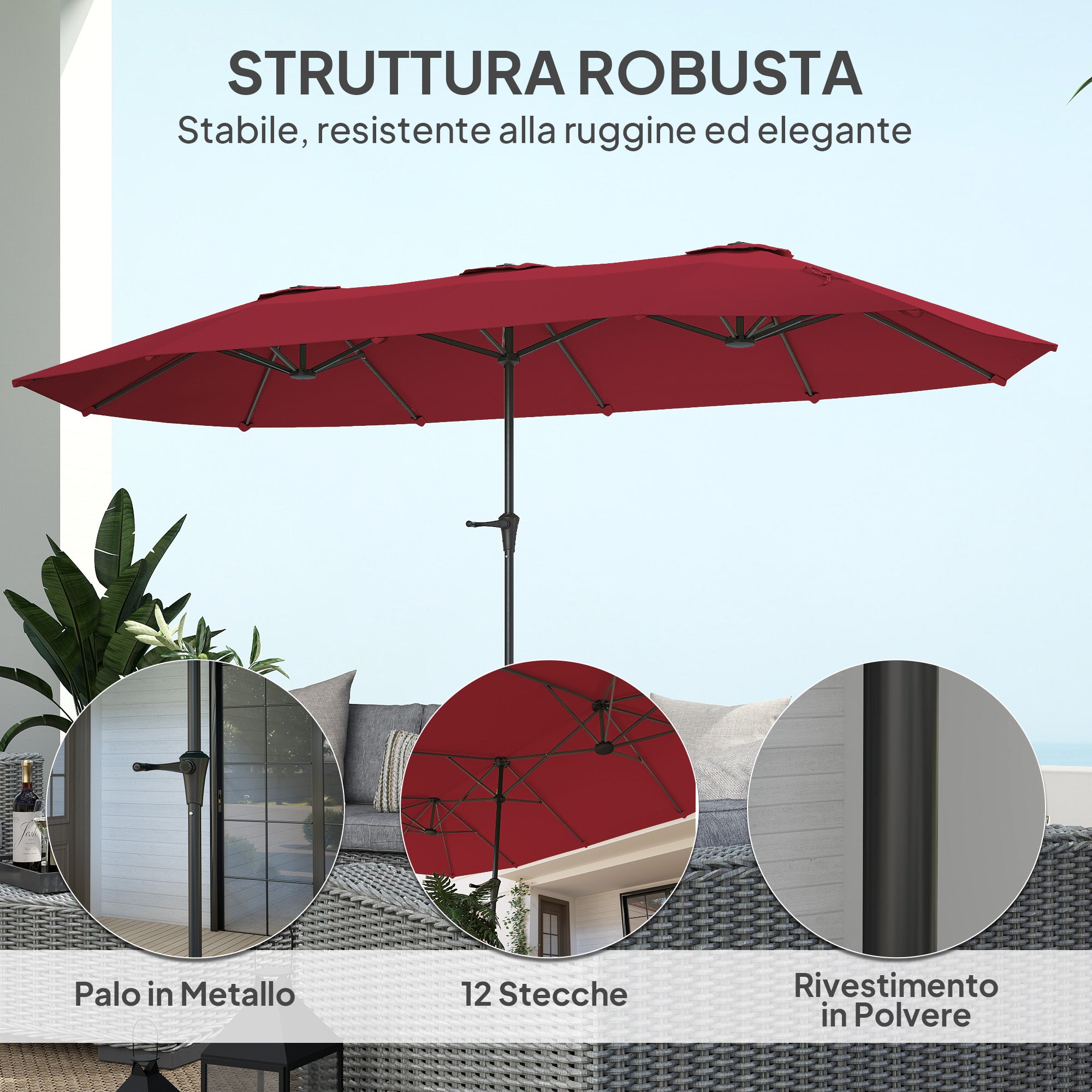 Double Garden Umbrella 4x2.2 m with 12 Ribs with Air Vents and Crank, Metal and Polyester Outdoor Umbrella, Anti UV 30+, Wine Red