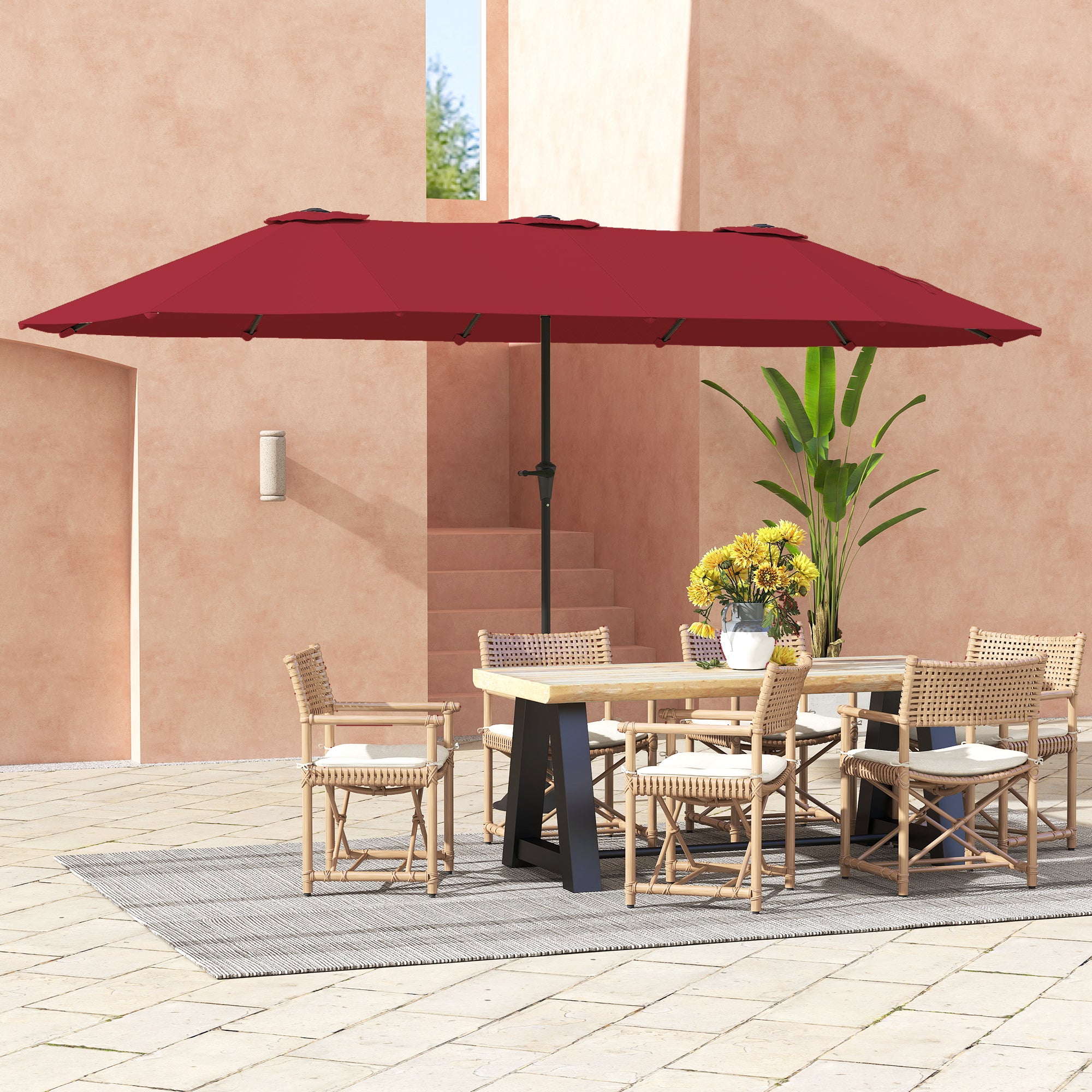 Double Garden Umbrella 4x2.2 m with 12 Ribs with Air Vents and Crank, Metal and Polyester Outdoor Umbrella, Anti UV 30+, Wine Red
