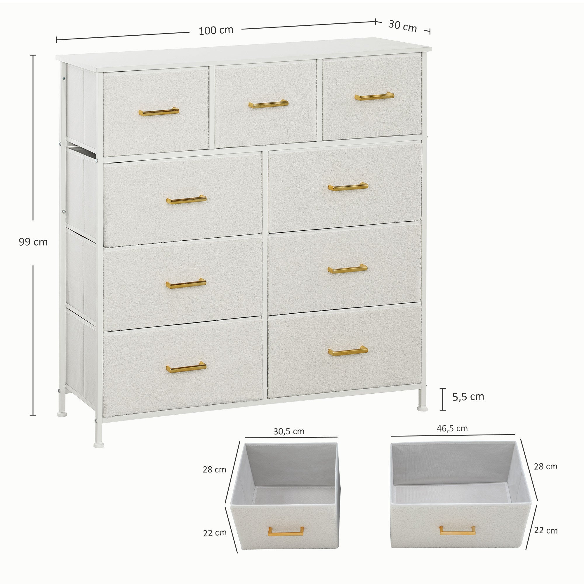 Chest of Drawers Sideboard with 9 Fabric Drawers, Drawer Cabinet with Worktop, Handle, Storage Cabinet for Living Room, Bedroom, Cream White