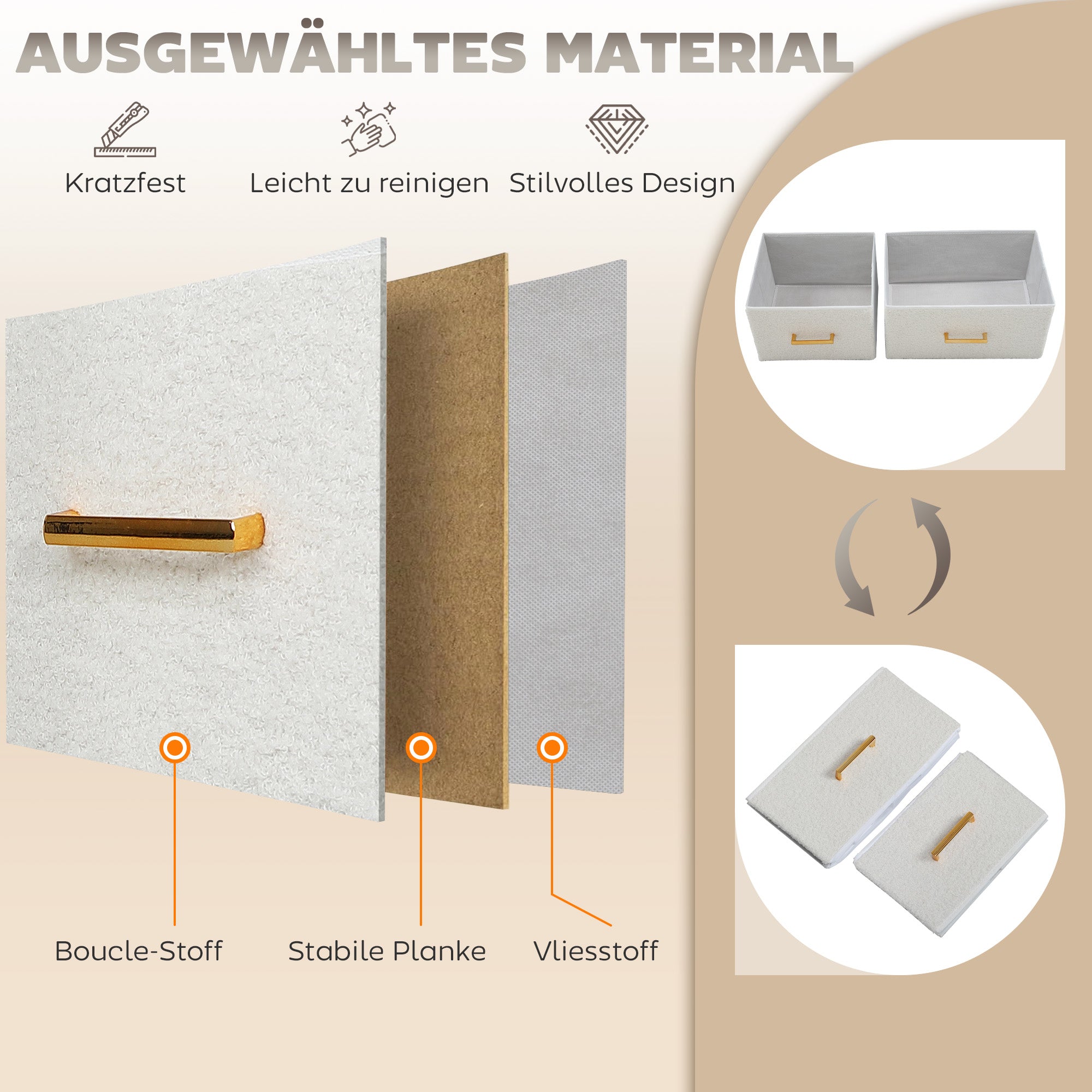 Chest of Drawers Sideboard with 9 Fabric Drawers, Drawer Cabinet with Worktop, Handle, Storage Cabinet for Living Room, Bedroom, Cream White