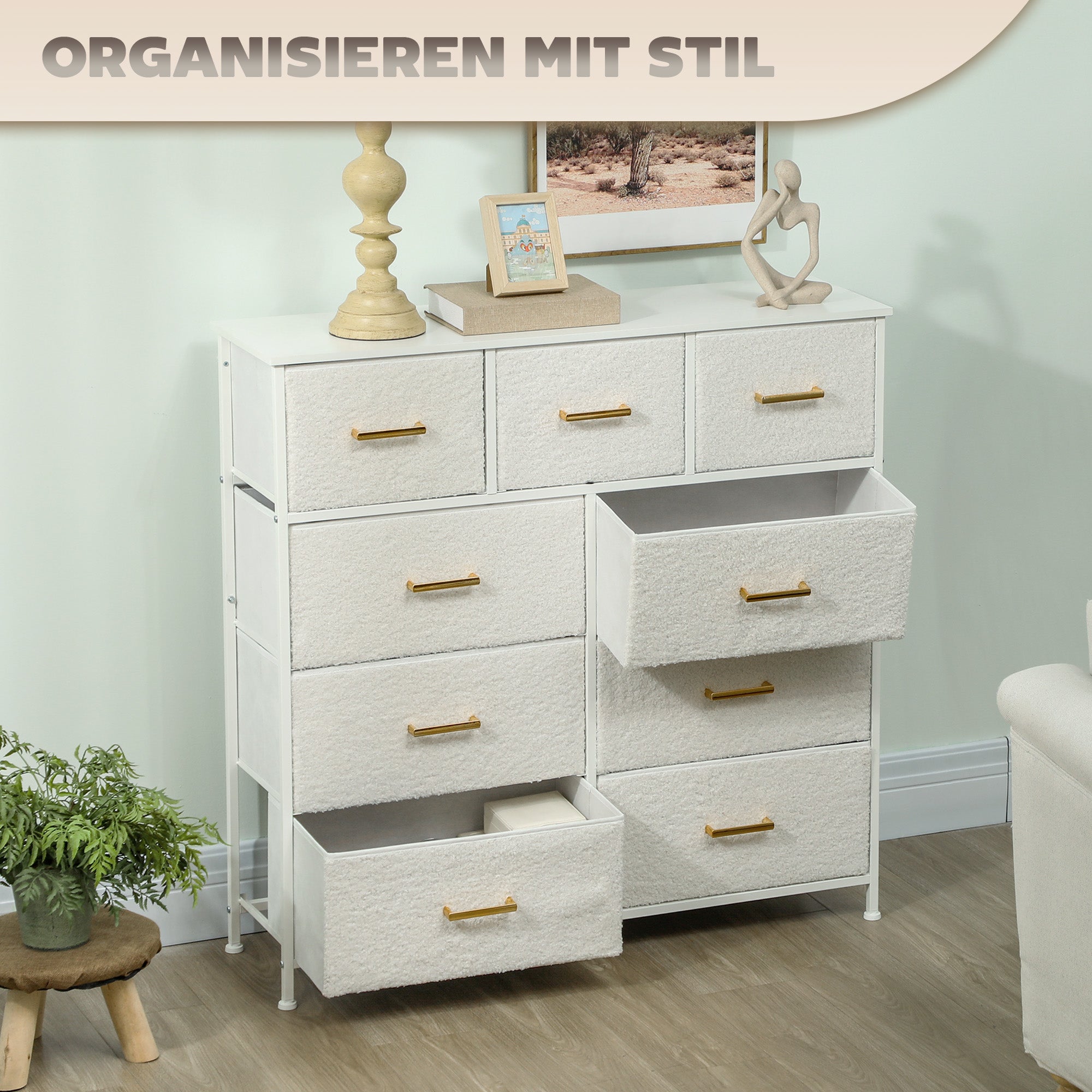 Chest of Drawers Sideboard with 9 Fabric Drawers, Drawer Cabinet with Worktop, Handle, Storage Cabinet for Living Room, Bedroom, Cream White