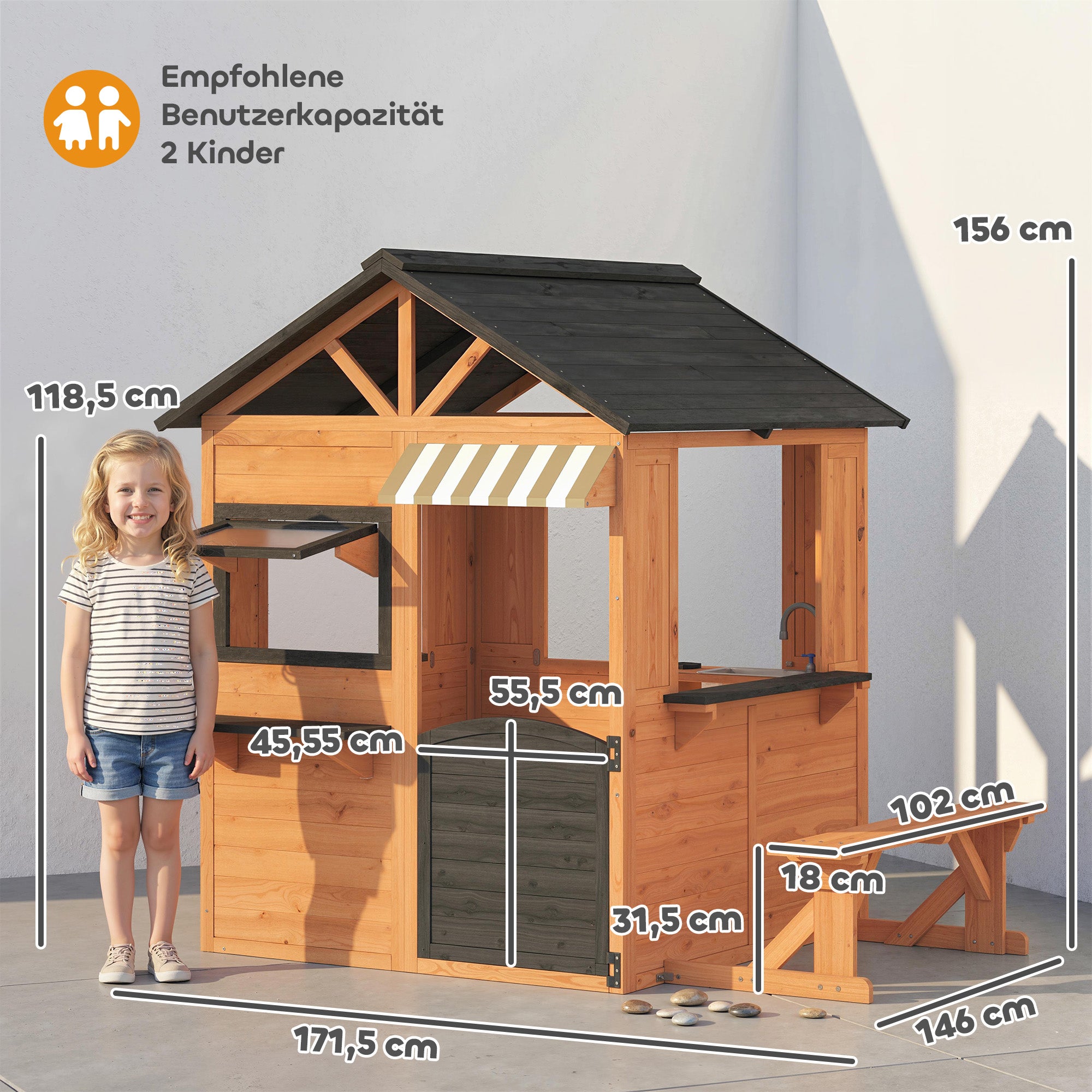 Wooden Kids' Playhouse Outdoor with Play Kitchen, Bench, Serving Counter, Windows & Faucet — Brown, 67.5 in x 57.5 in x 61.4 in (171.5 x 146 x 156 cm)