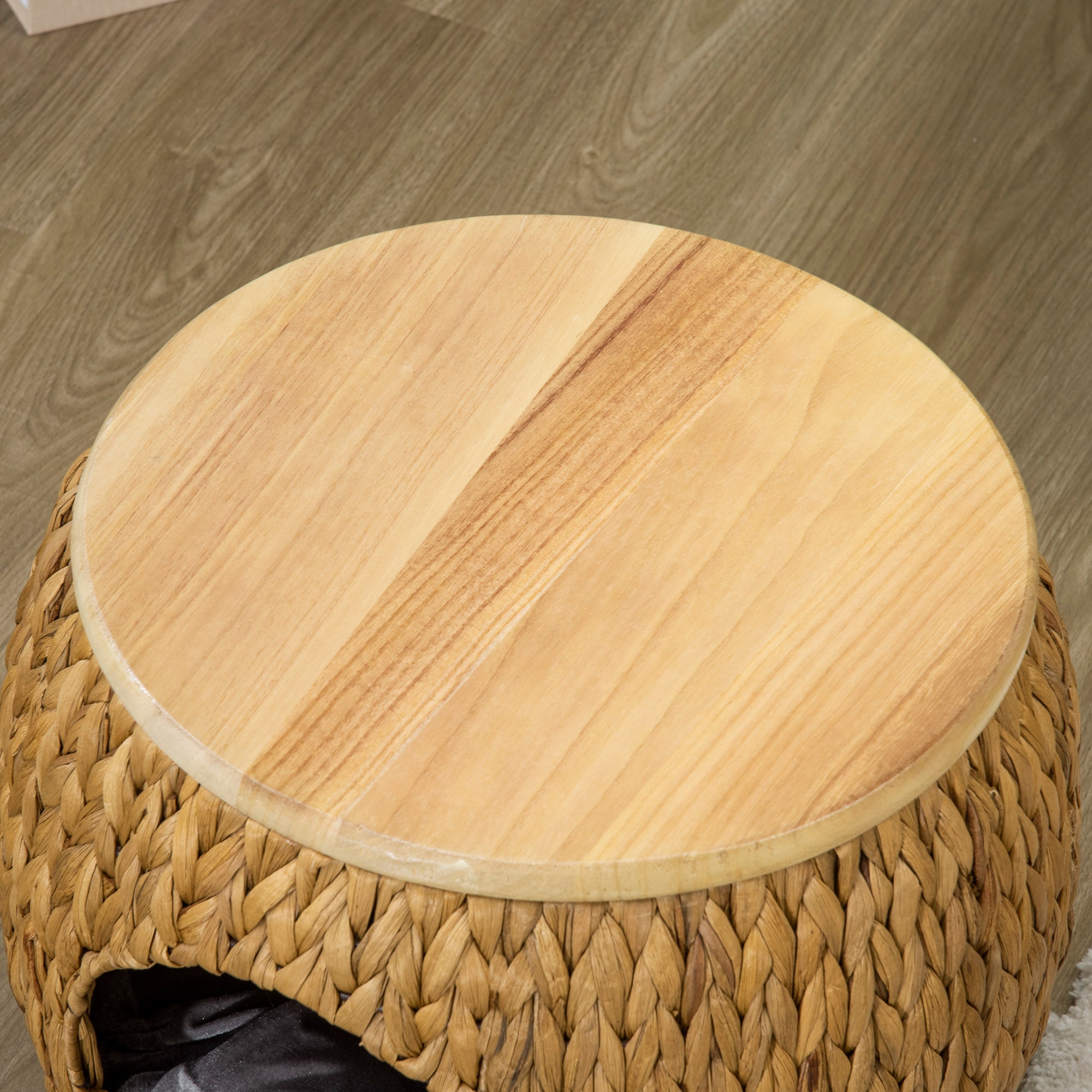 Rattan Cat Cave 2-in-1 Design Cat Basket with Cushion Cat Bed Cat Cabin Pet Bed Water Hyacinth Grass Paulownia Wood Light Brown+Gray 44 x 43 x 42 cm