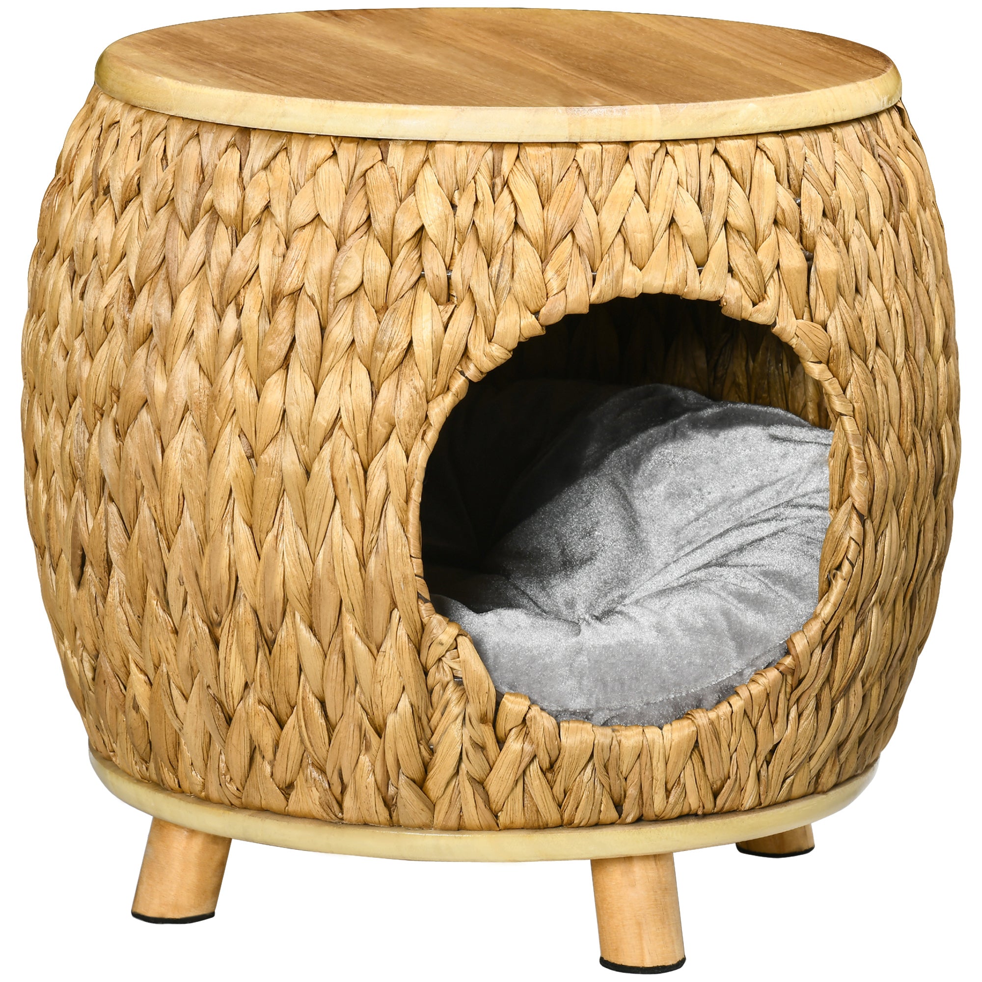 Rattan Cat Cave 2-in-1 Design Cat Basket with Cushion Cat Bed Cat Cabin Pet Bed Water Hyacinth Grass Paulownia Wood Light Brown+Gray 44 x 43 x 42 cm