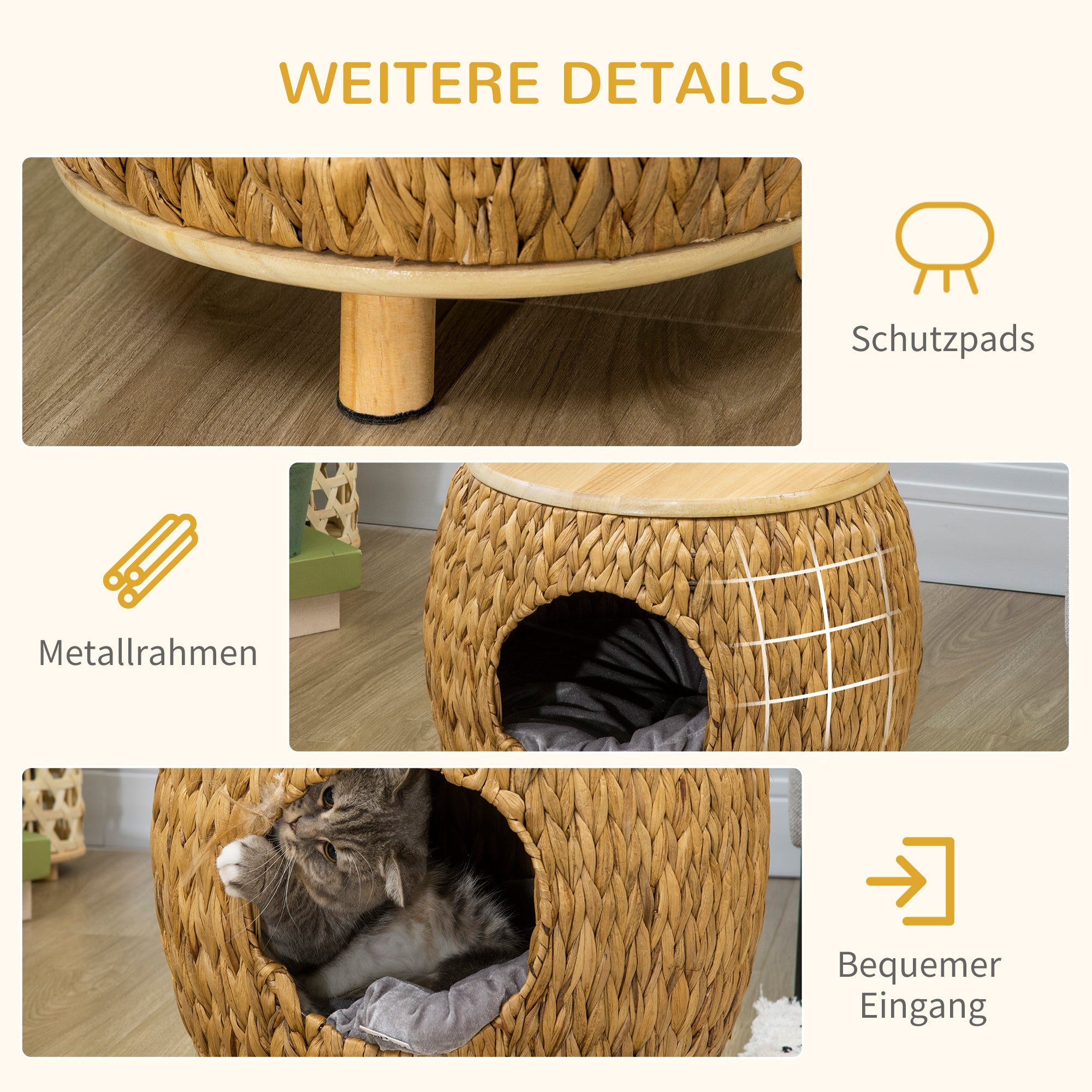 Rattan Cat Cave 2-in-1 Design Cat Basket with Cushion Cat Bed Cat Cabin Pet Bed Water Hyacinth Grass Paulownia Wood Light Brown+Gray 44 x 43 x 42 cm