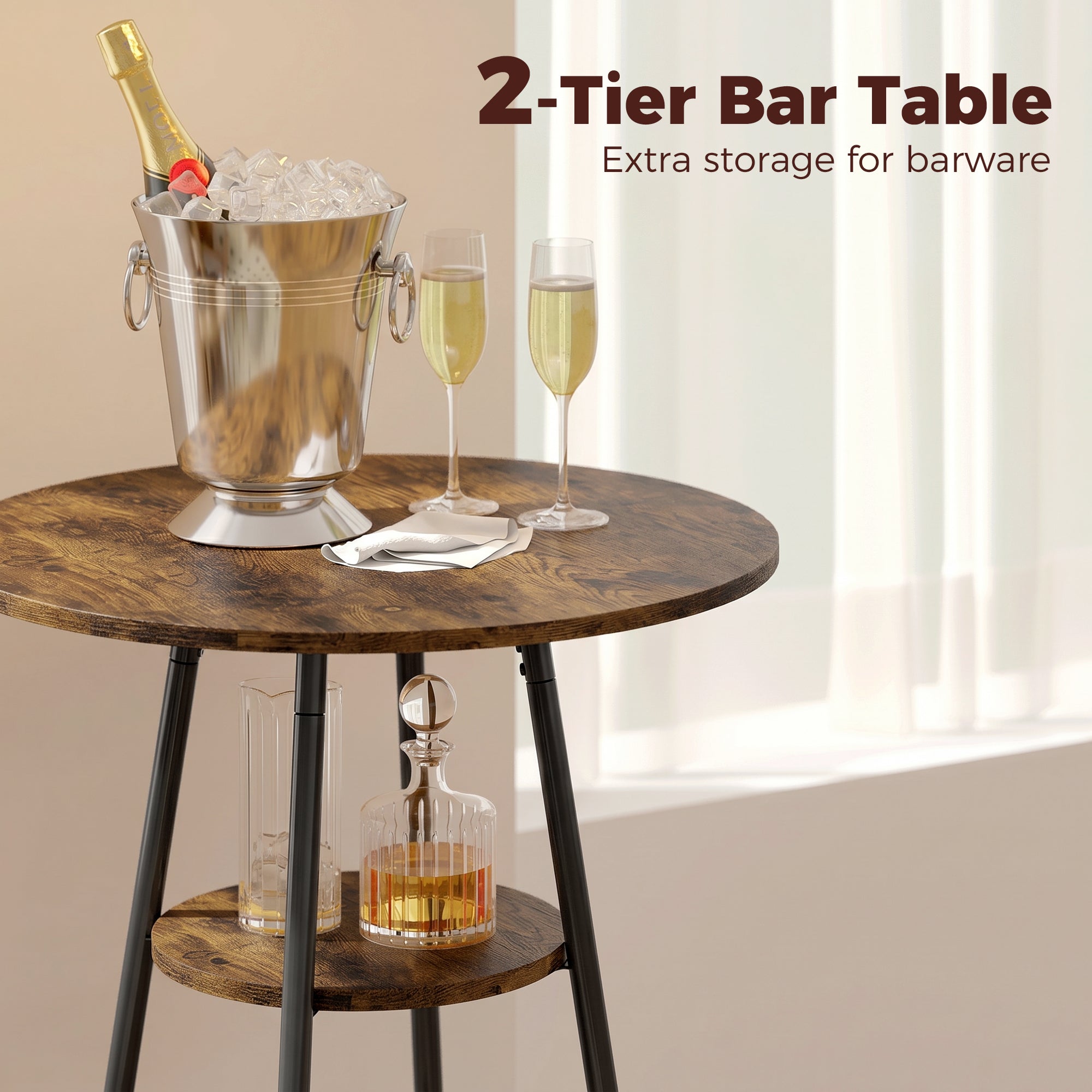 Bar Table with 2 Padded Bar Stools, Footrests, Metal Frame — Industrial Kitchen/Dining Set, Rustic Brown