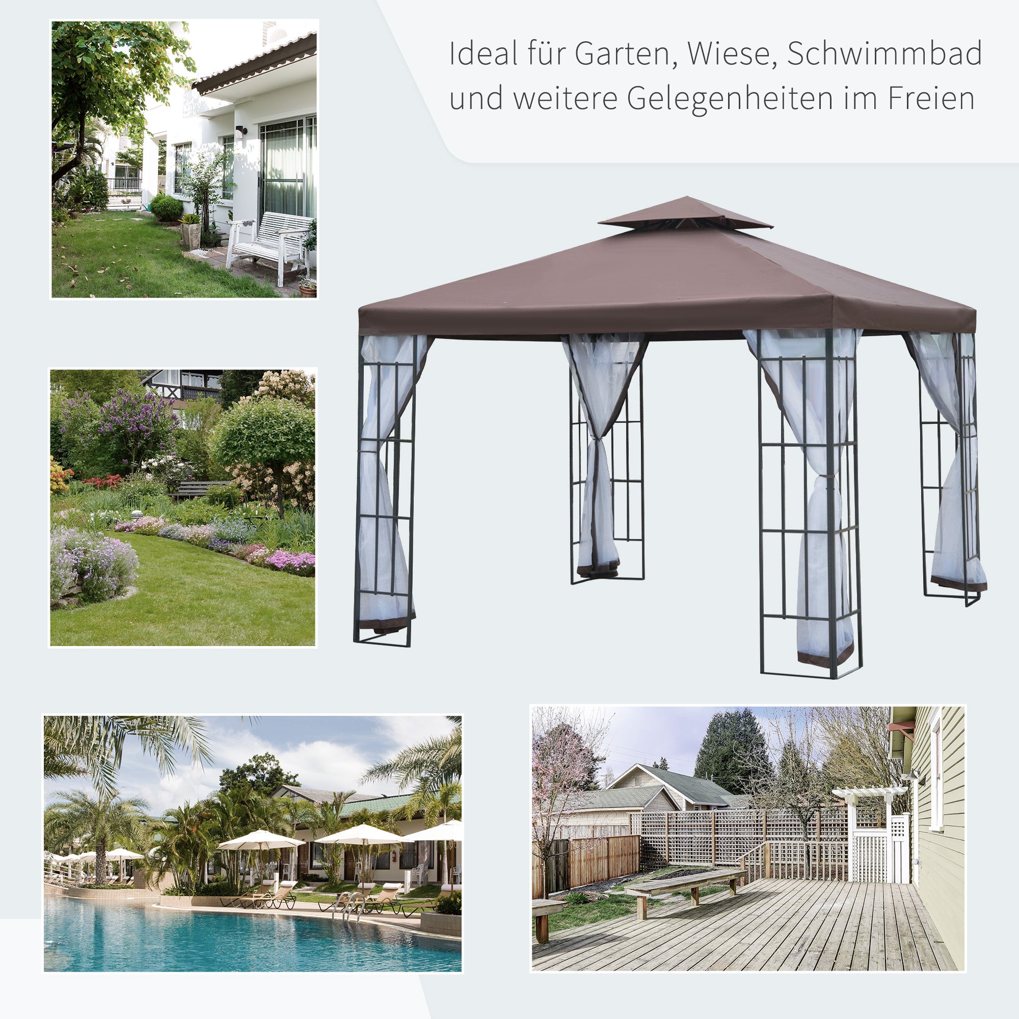 Pavilion Garden Pavilion with Mosquito Net Side Panels, Party Tent with Double Roof, Garden Gazebo Marquee 2.97x2.97m