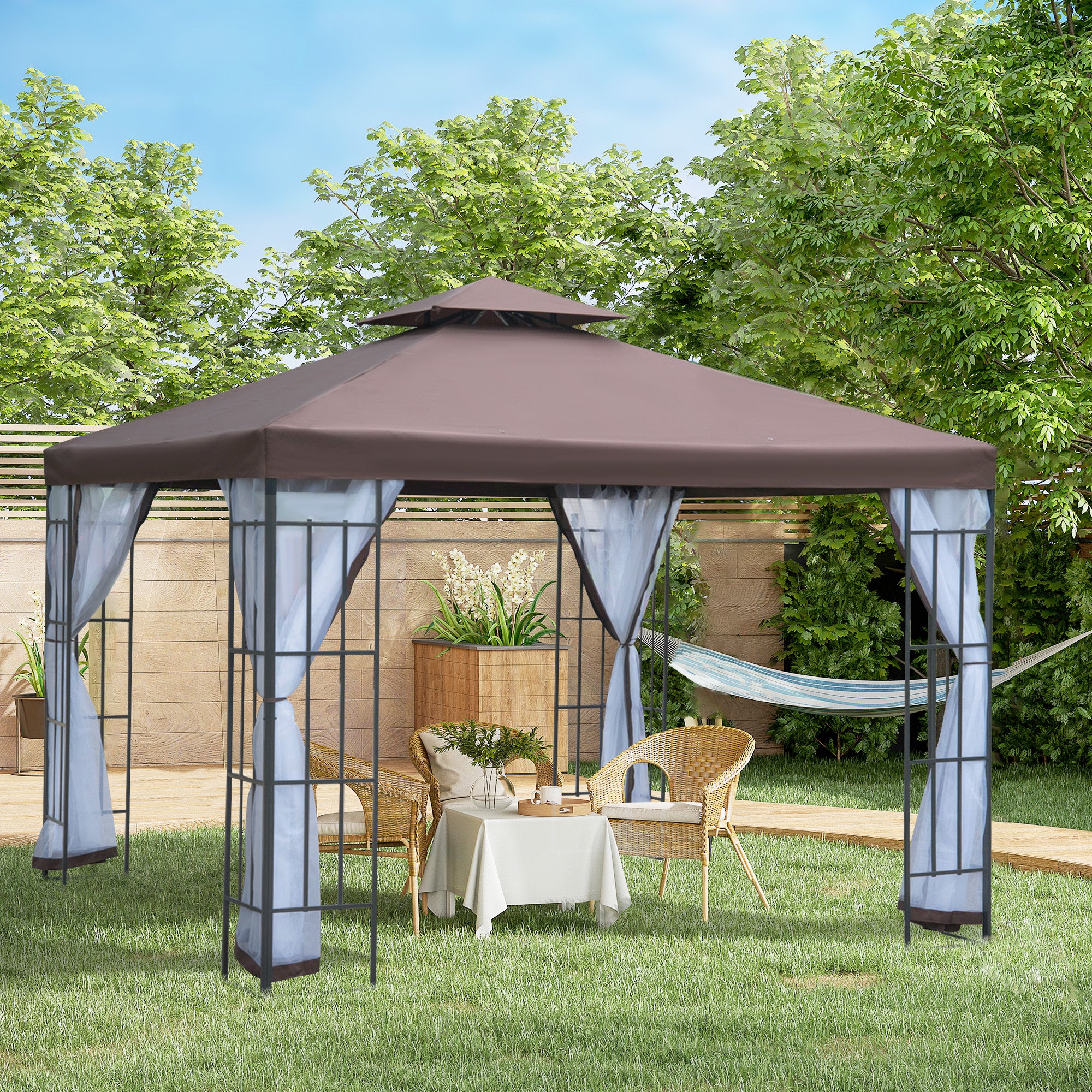 Pavilion Garden Pavilion with Mosquito Net Side Panels, Party Tent with Double Roof, Garden Gazebo Marquee 2.97x2.97m