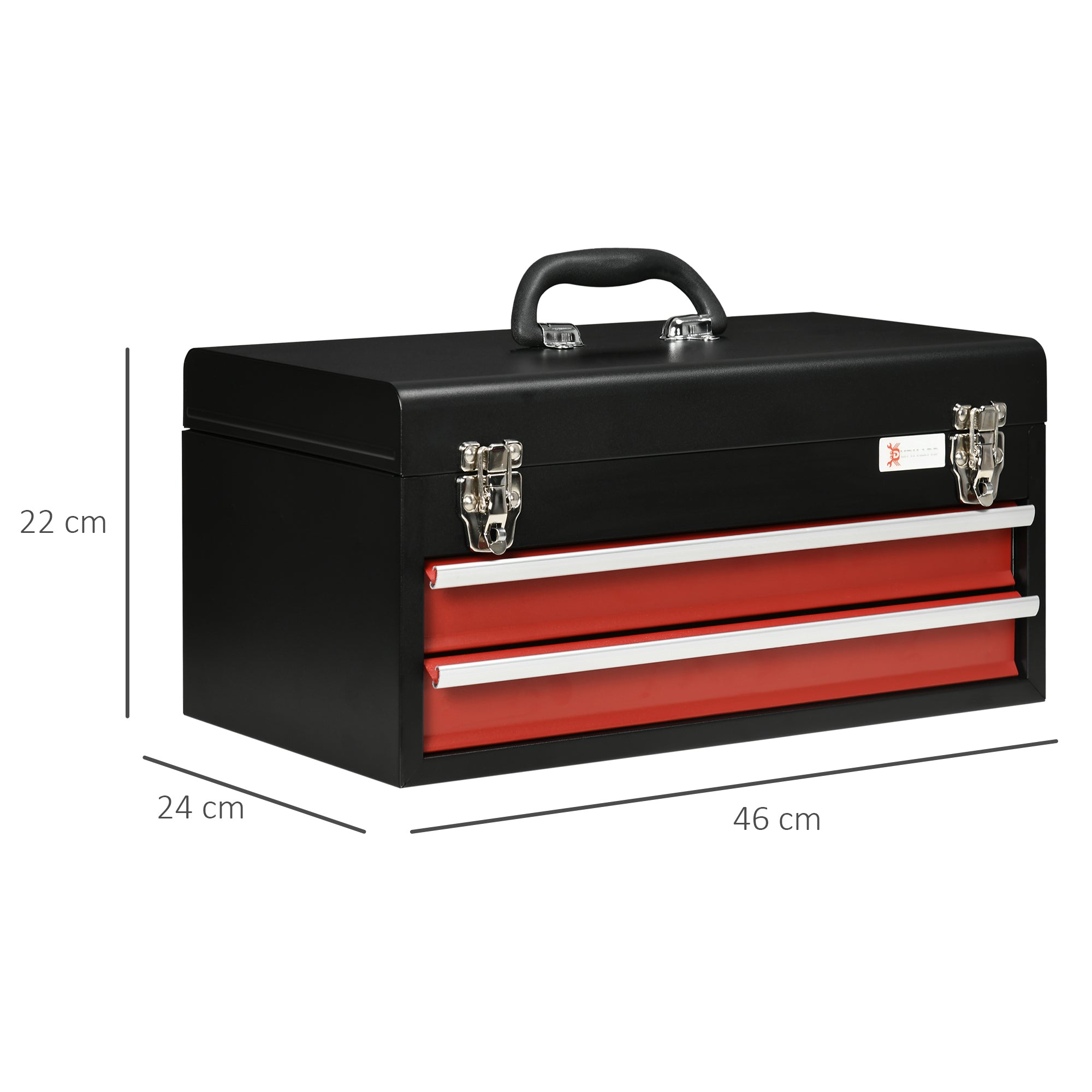Empty Tool Case, 46 x 24 x 22 cm Tool Box with 2 Drawers, Upper Storage Compartment, Handle, Tool Chest with 2 Locks, Made of Steel, Black+Red