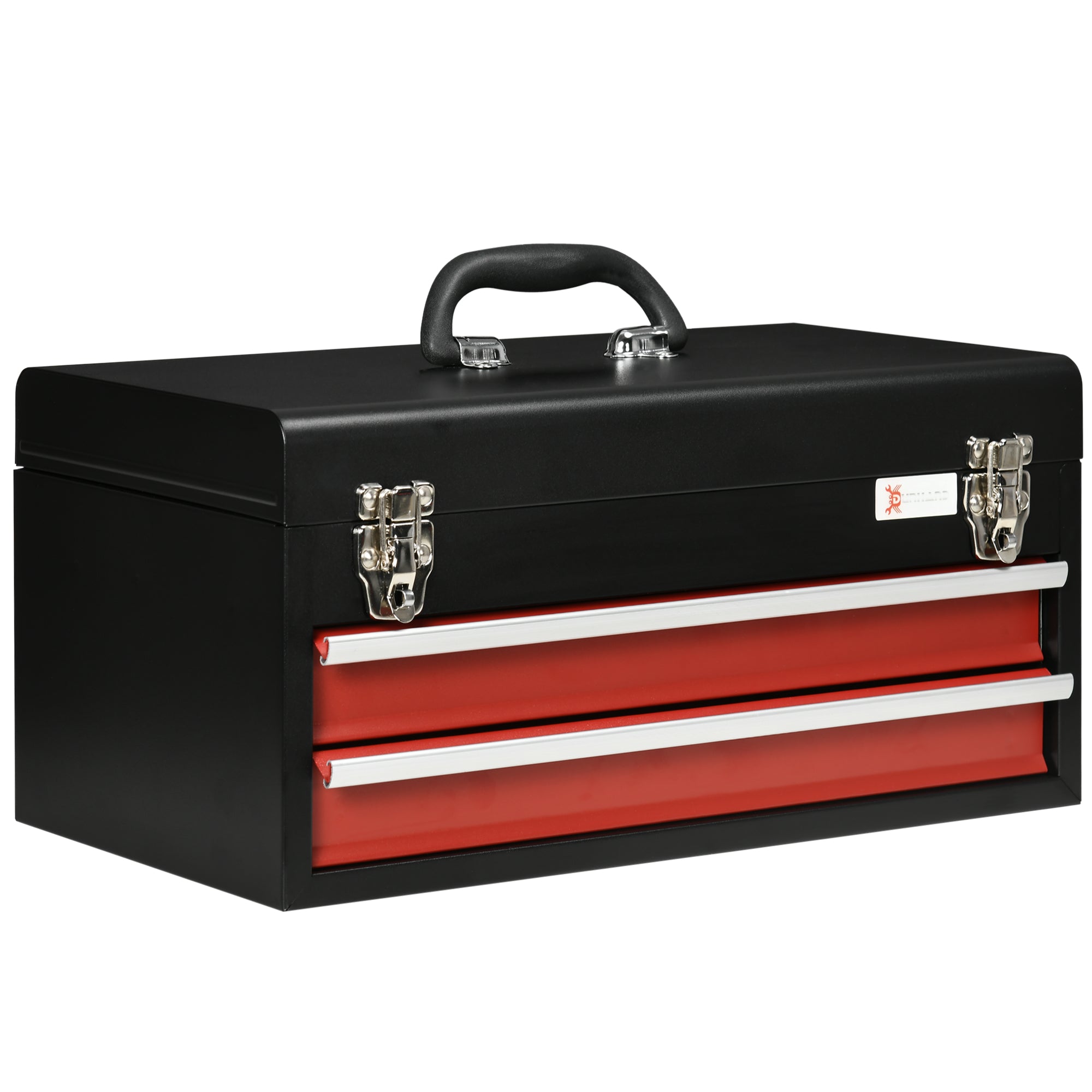 Empty Tool Case, 46 x 24 x 22 cm Tool Box with 2 Drawers, Upper Storage Compartment, Handle, Tool Chest with 2 Locks, Made of Steel, Black+Red