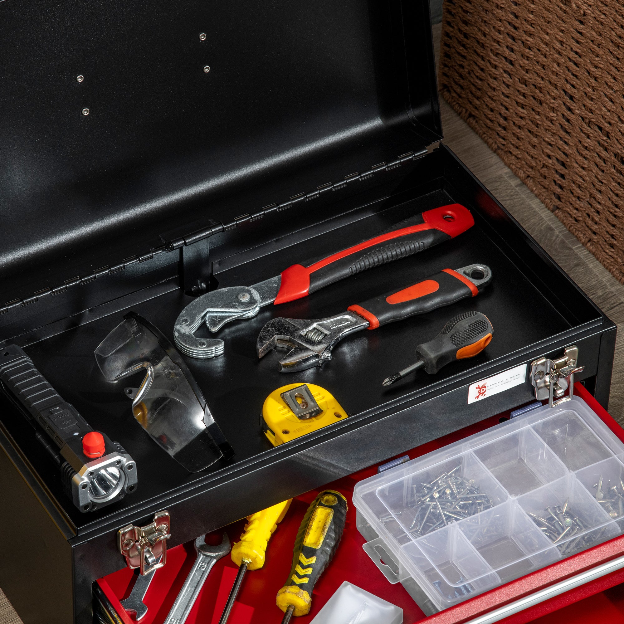 Empty Tool Case, 46 x 24 x 22 cm Tool Box with 2 Drawers, Upper Storage Compartment, Handle, Tool Chest with 2 Locks, Made of Steel, Black+Red