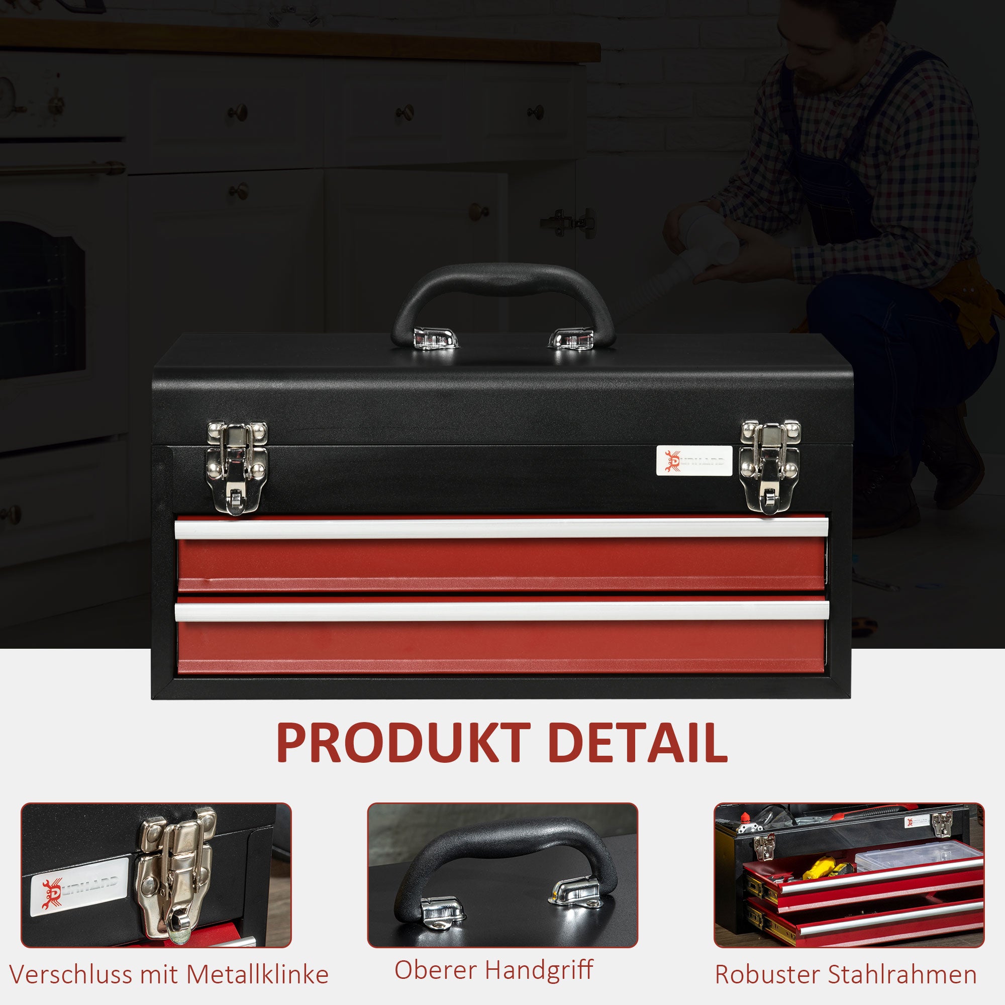 Empty Tool Case, 46 x 24 x 22 cm Tool Box with 2 Drawers, Upper Storage Compartment, Handle, Tool Chest with 2 Locks, Made of Steel, Black+Red
