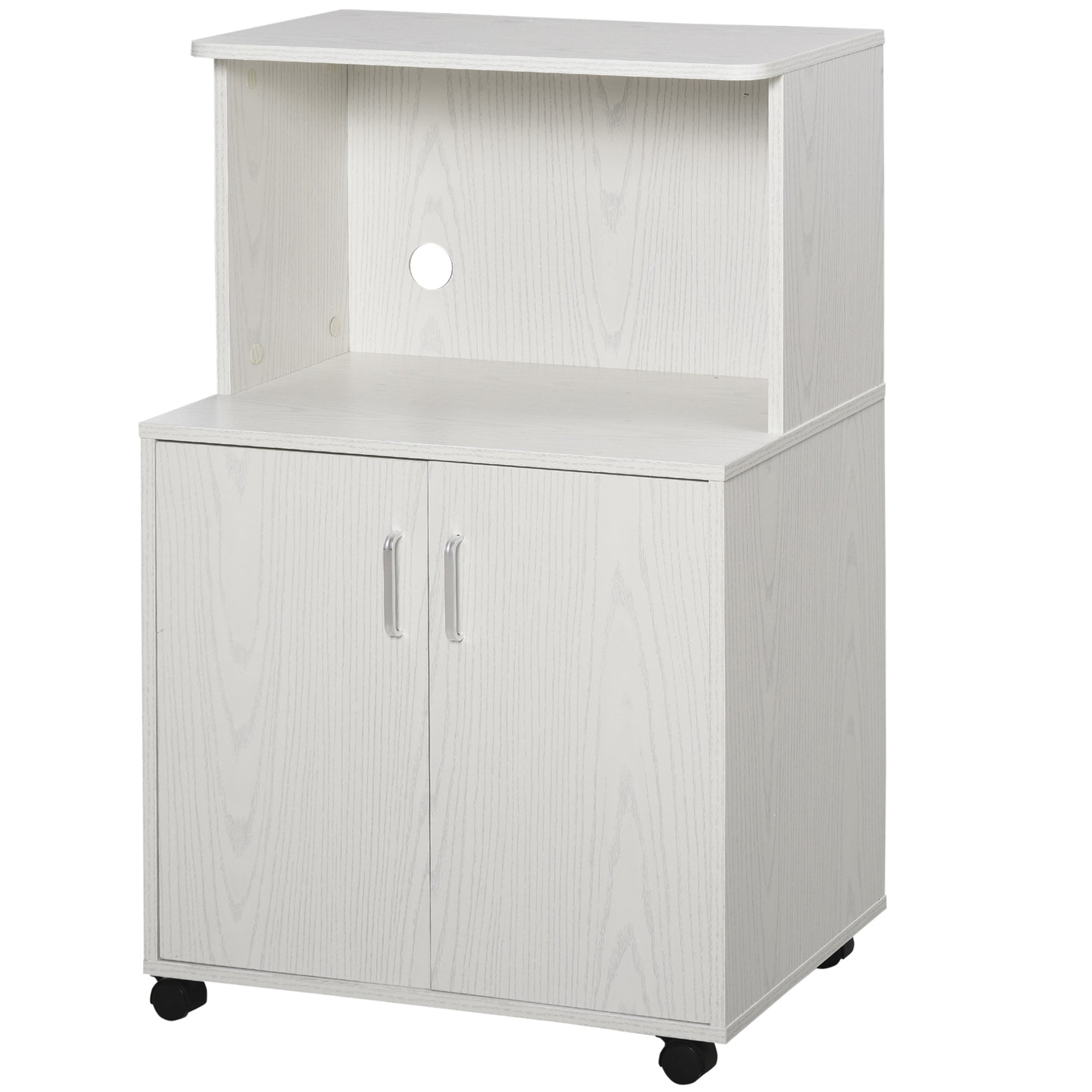 Microwave Sideboard Kitchen Cabinet with 2 Doors and Adjustable Shelf with Wheels Load 70 kg 60.4x40.3x97 cm White